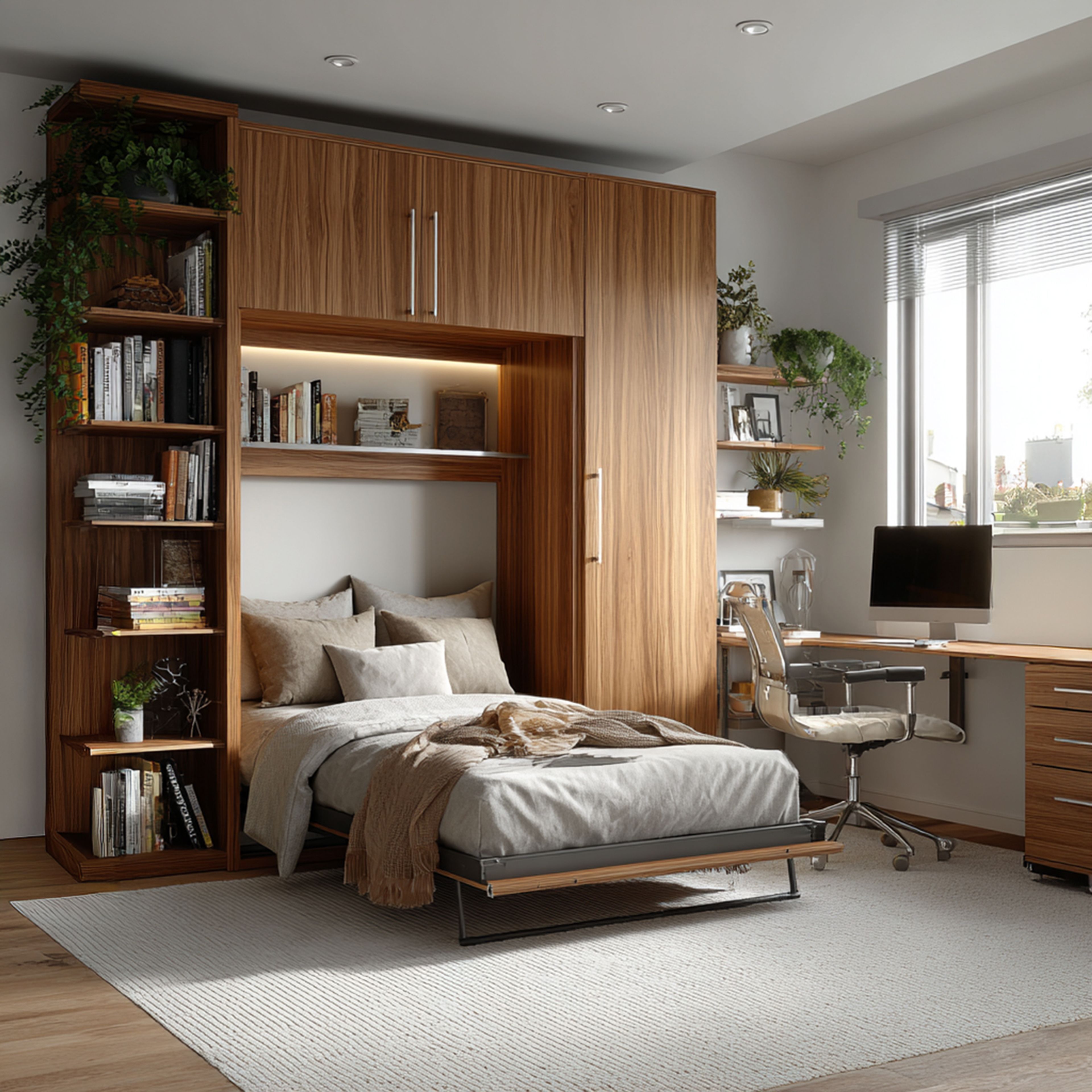 Space Saving Design with Foldable Wall Bed and Storage Cabinet