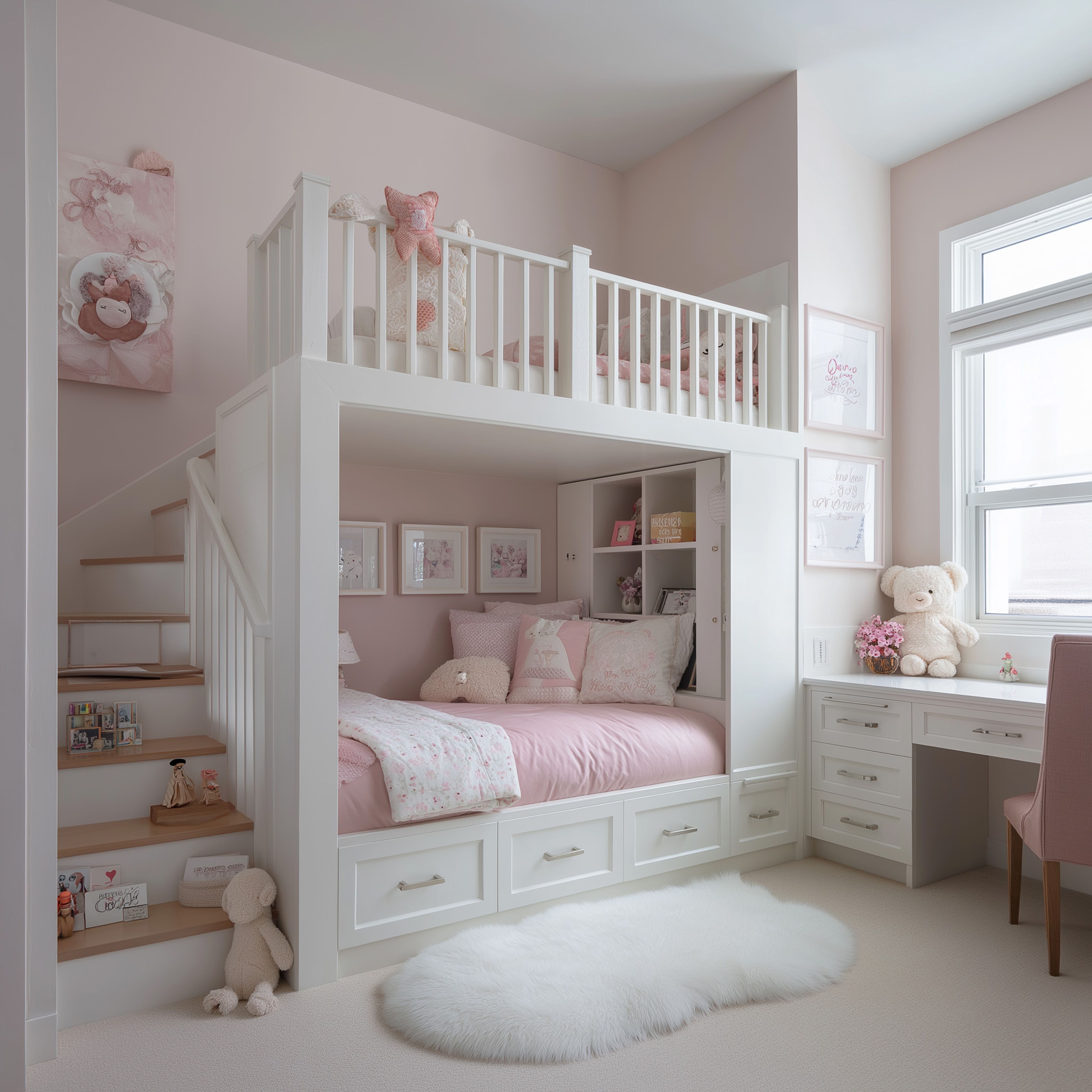 Space Saving Kids Bedroom Design Featuring Loft Storage Stairs