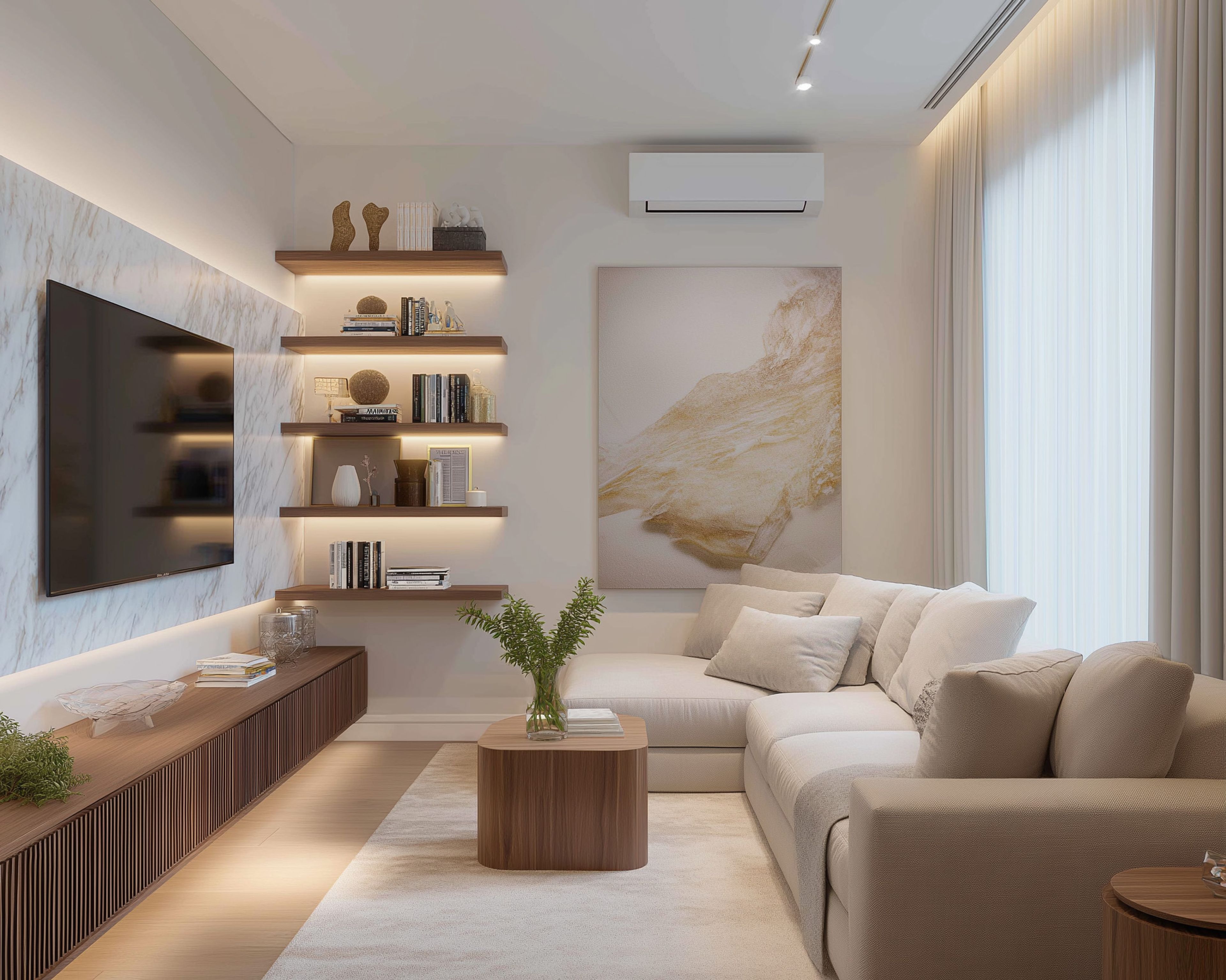 Space-Saving Design with a Wall-Mounted TV and L-Shaped Sofa