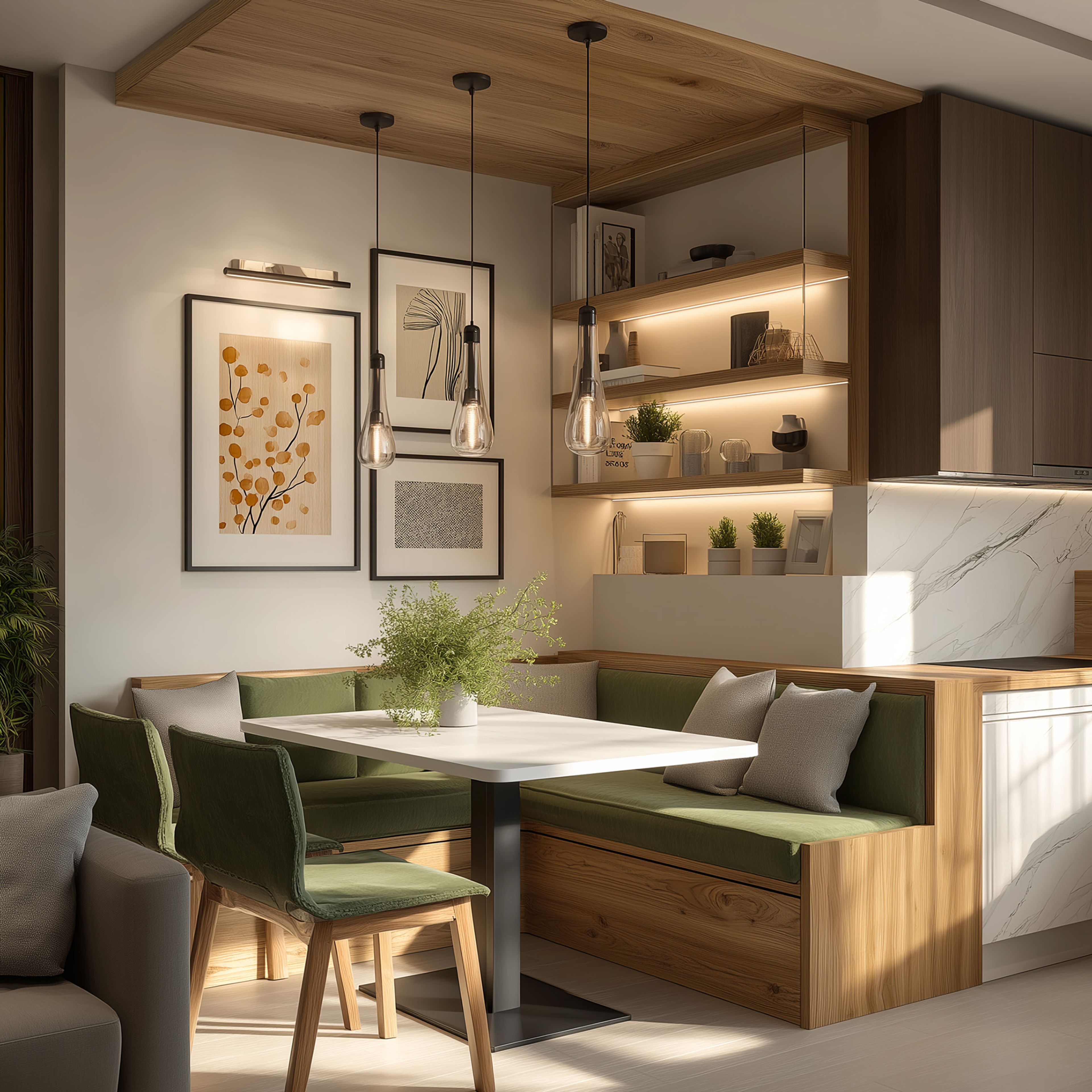 Space Saving Living Room Design with Built In Bench and Wall Shelves