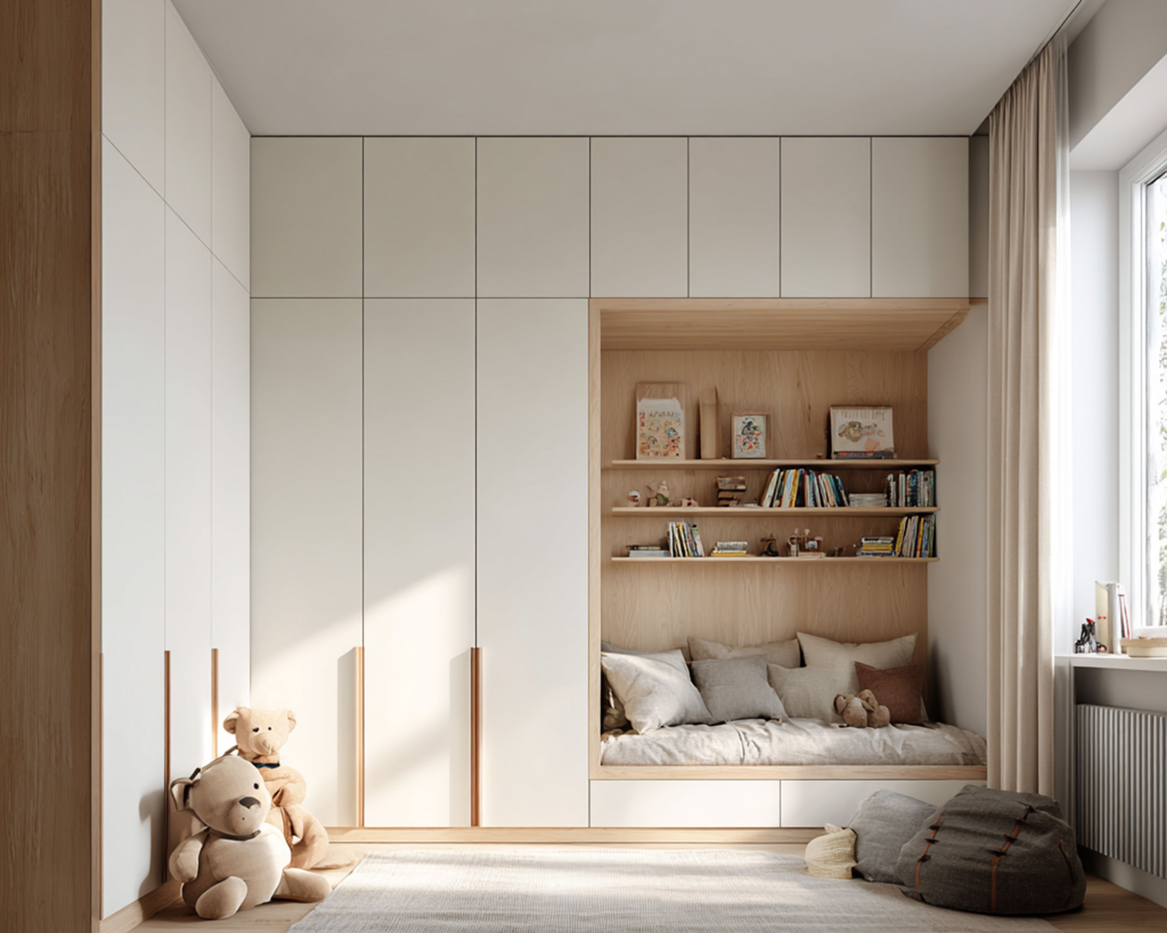 Space Saving Bedroom Design with Floor To Ceiling Wardrobes and Window Seat Storage