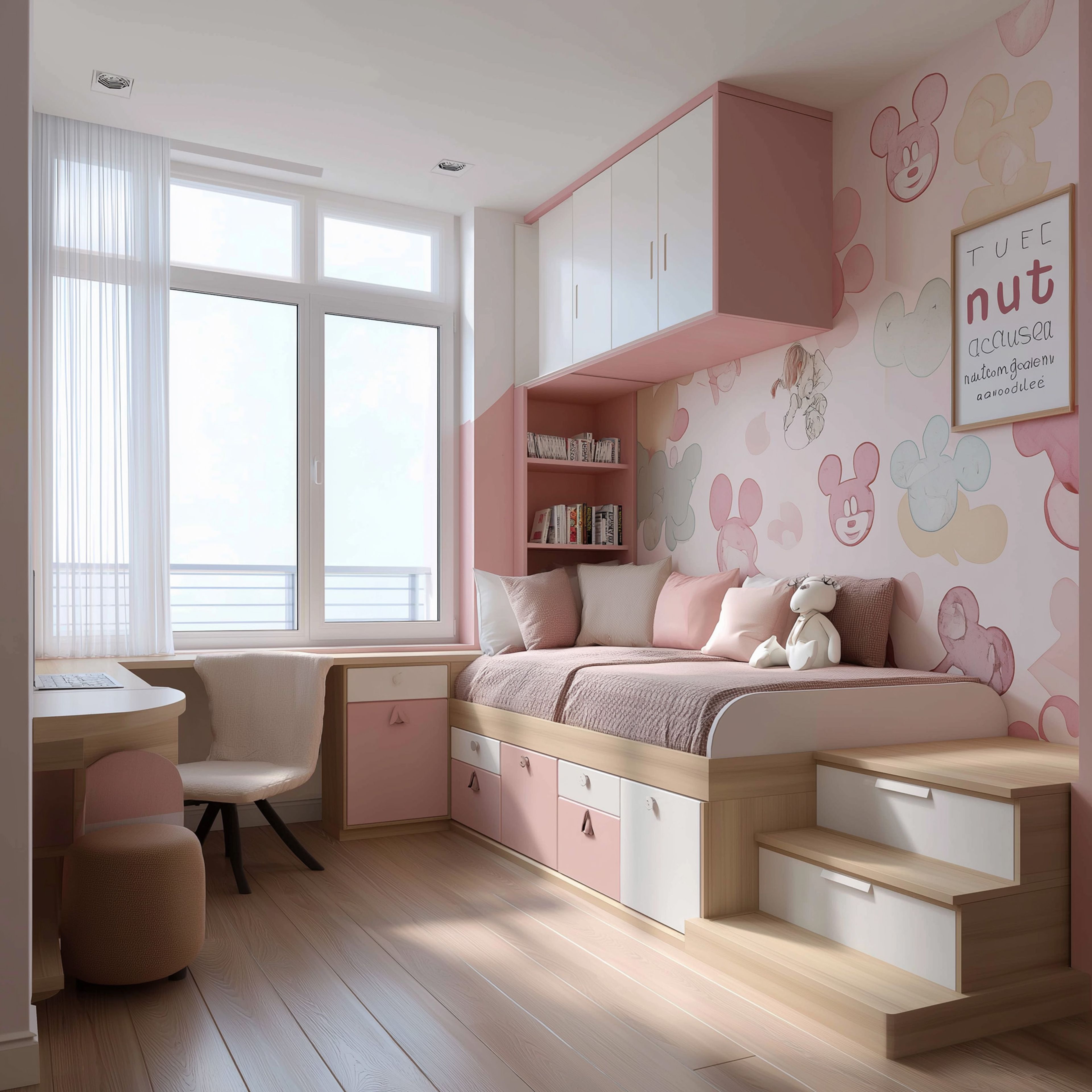 Space Saving Raised Bed Kids Bedroom Design with Study Area