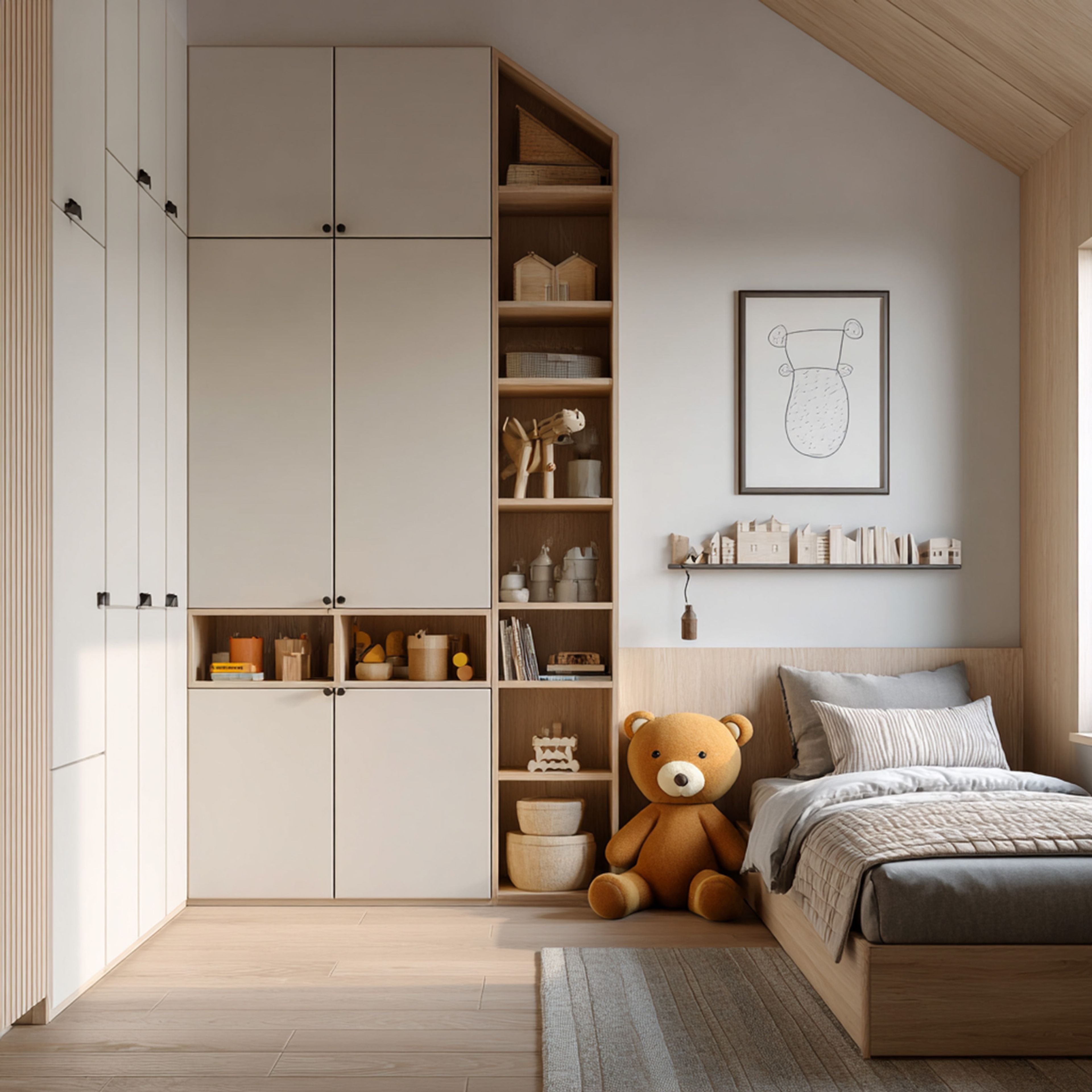 Space Saving Attic Kids Bedroom Design with Storage and Wooden Ceiling