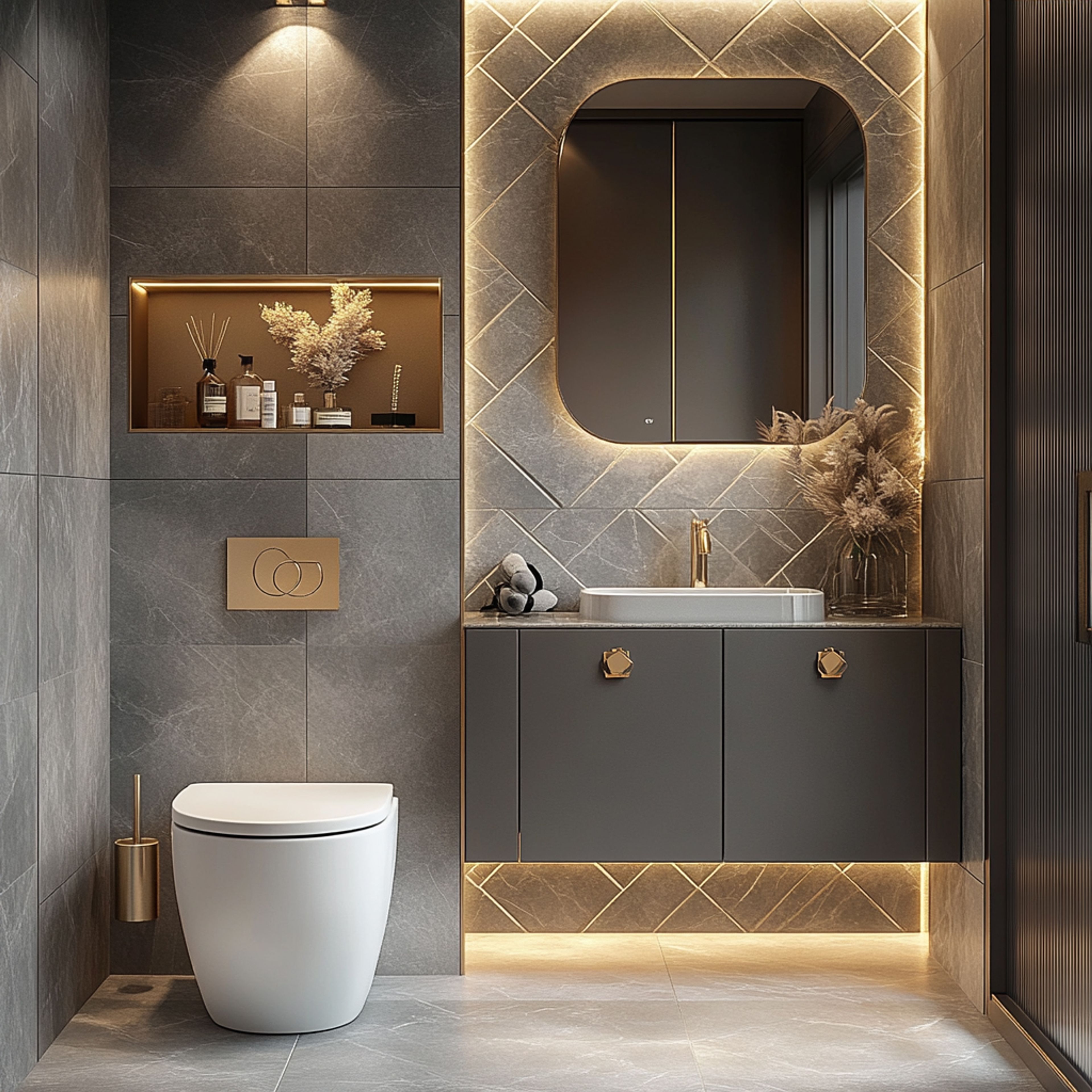 Grey Porcelain Rectangular Bathroom Tile Design with Stone Texture Finish