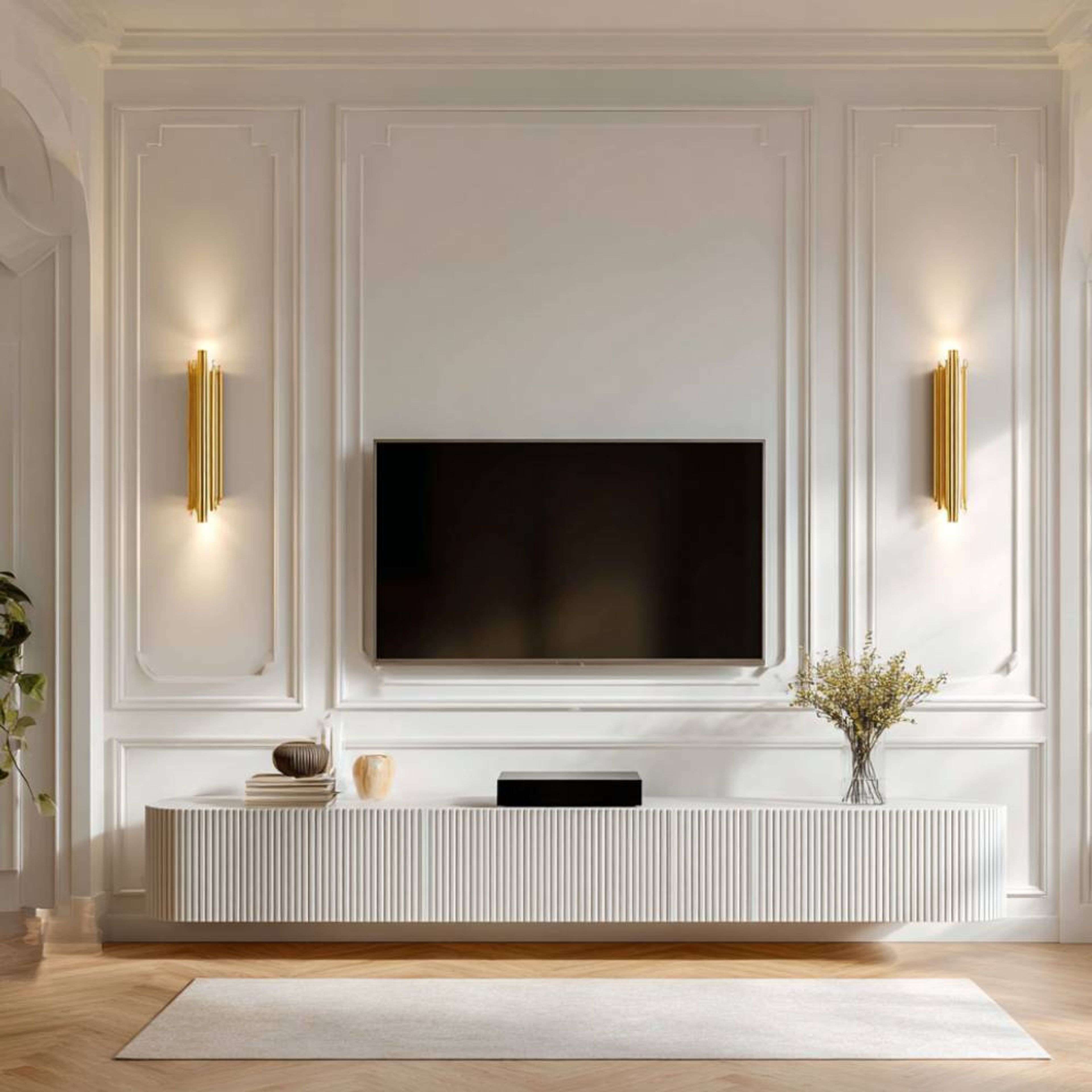 White Modern TV Unit Design with Ribbed Storage Console