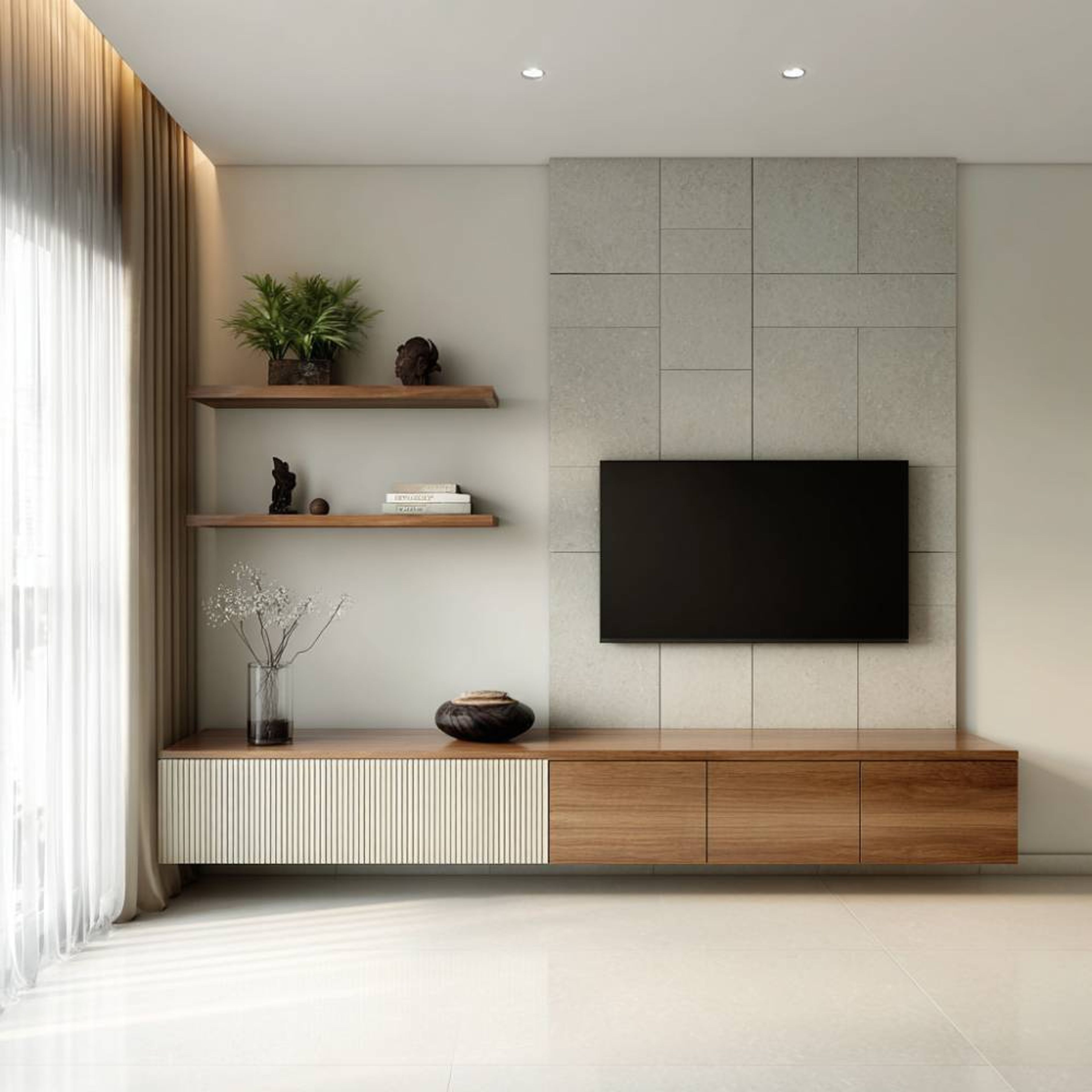Walnut Modern TV Unit Design with Ribbed Panel Storage and Open Shelf