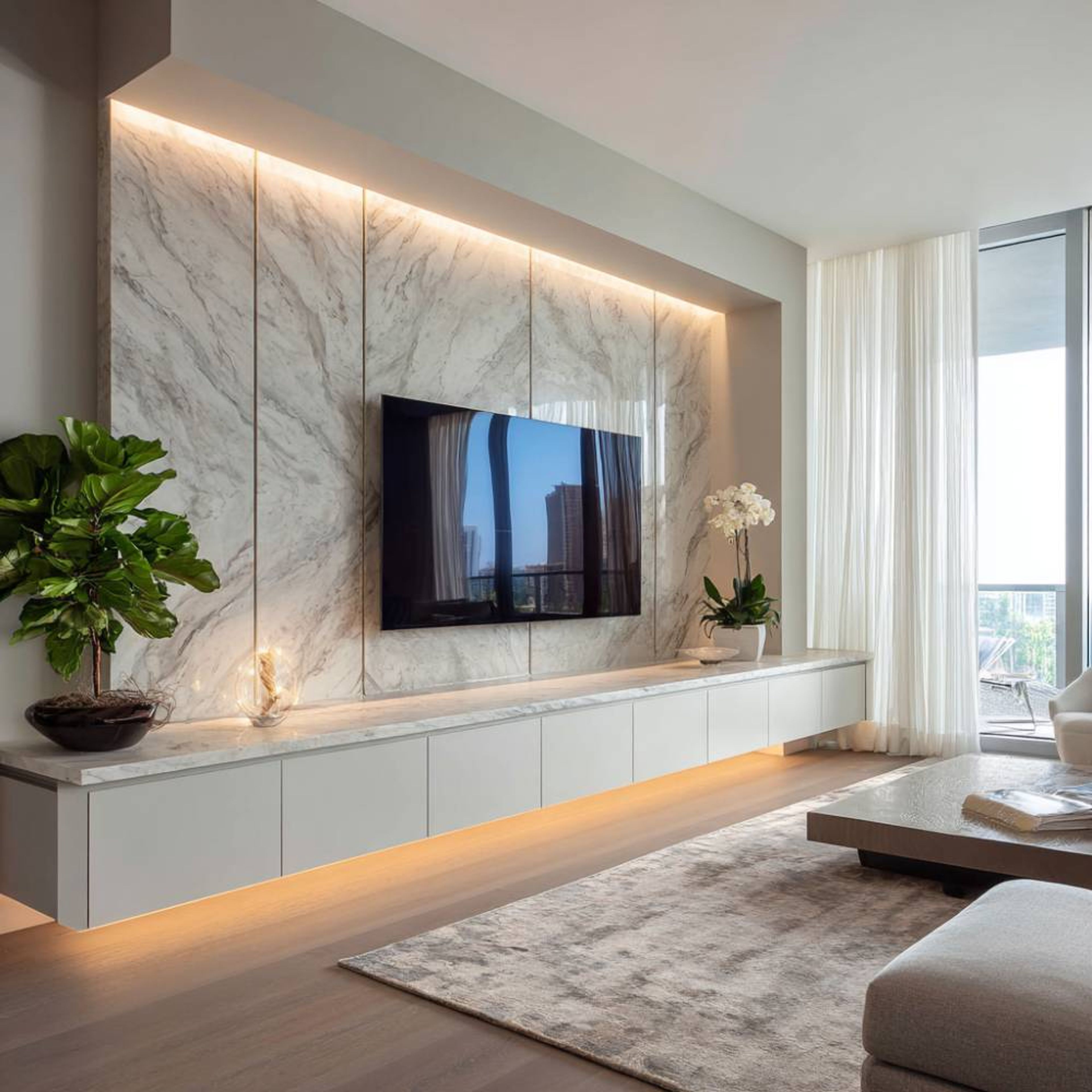 White Modern TV Unit Design With Floating Drawer Storage and Marble Panel Backdrop