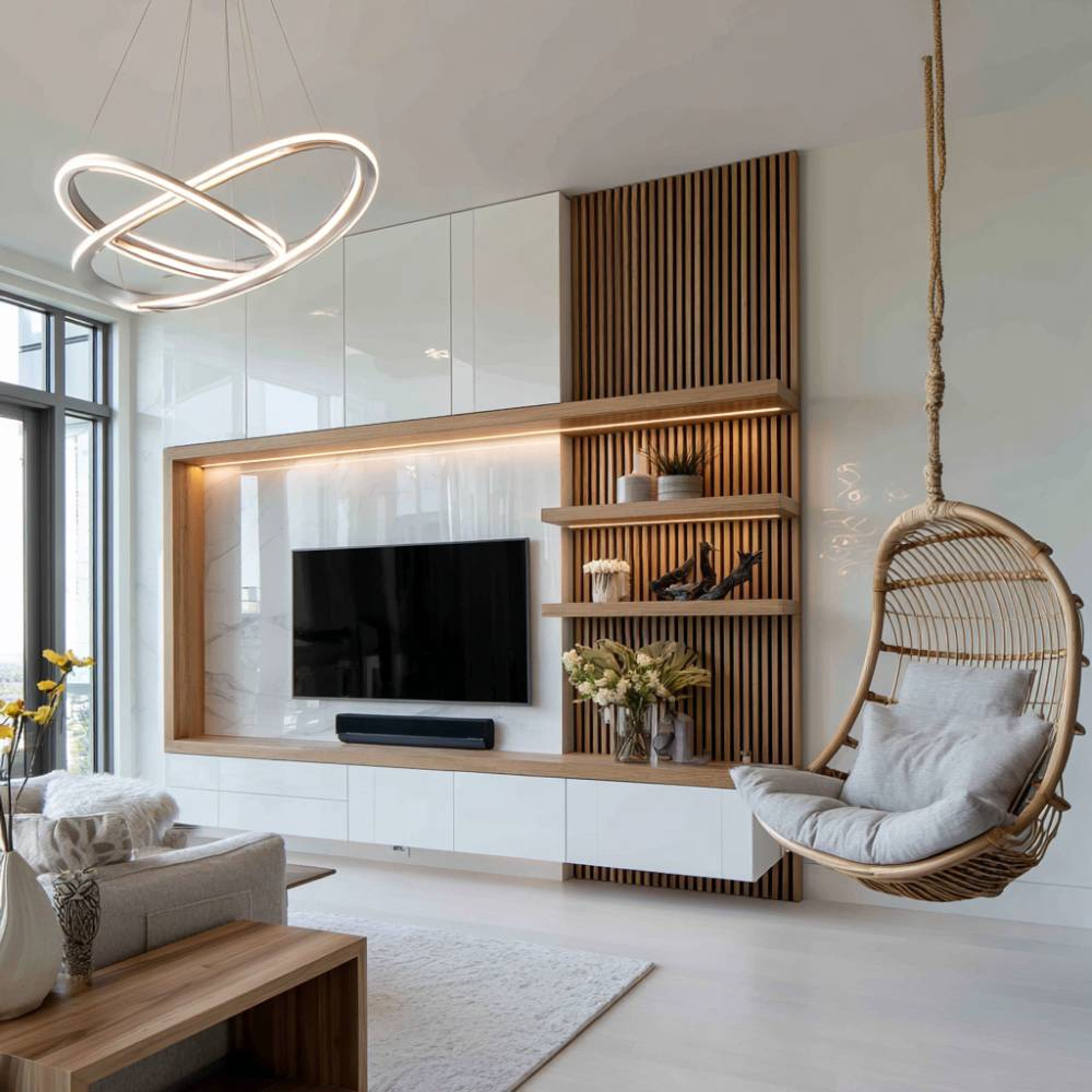 White Walnut Modern TV Unit Design with Floating Storage and Panel Backdrop