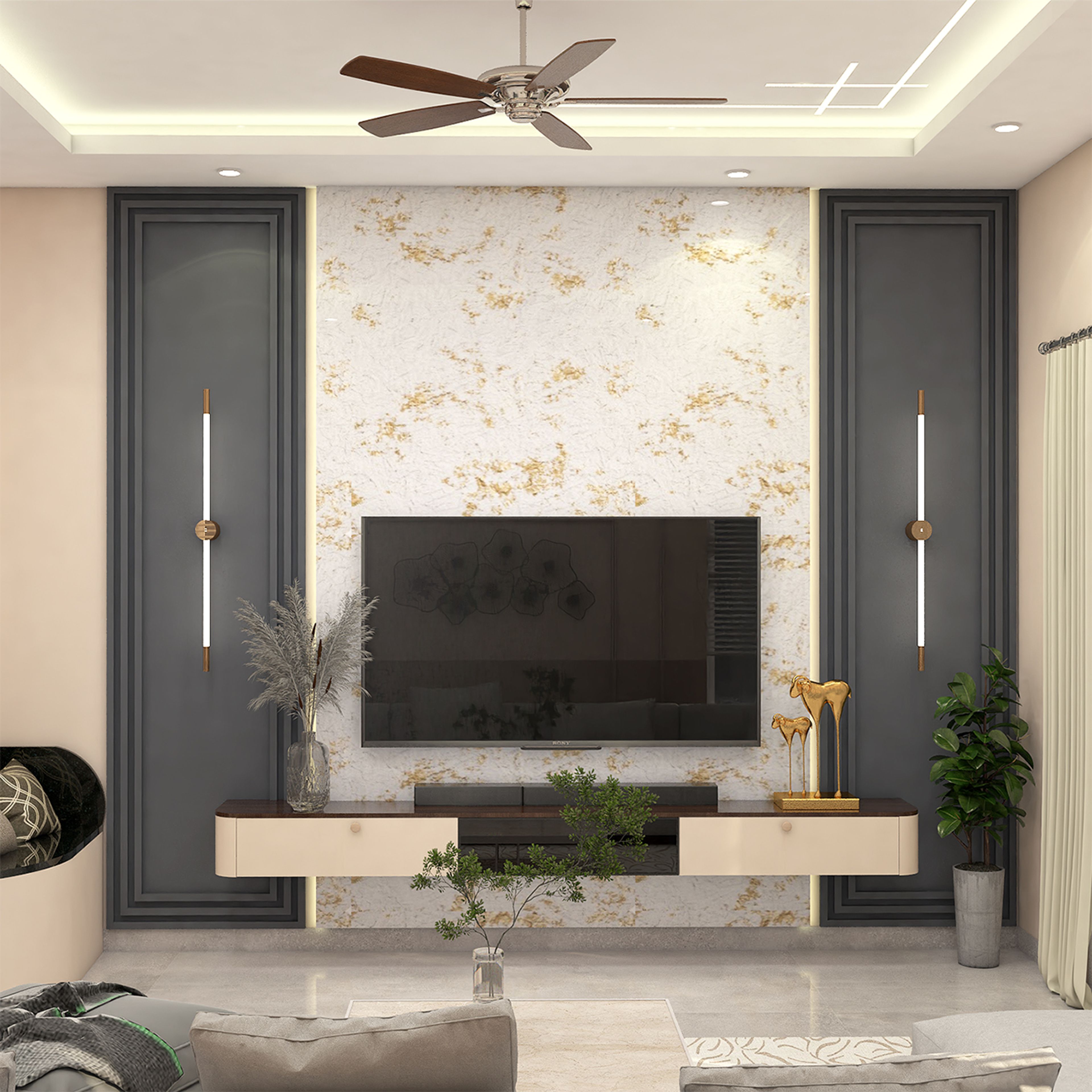 Deep Charcoal Grey Modern TV Feature Wall Paneling Design with Stone Texture