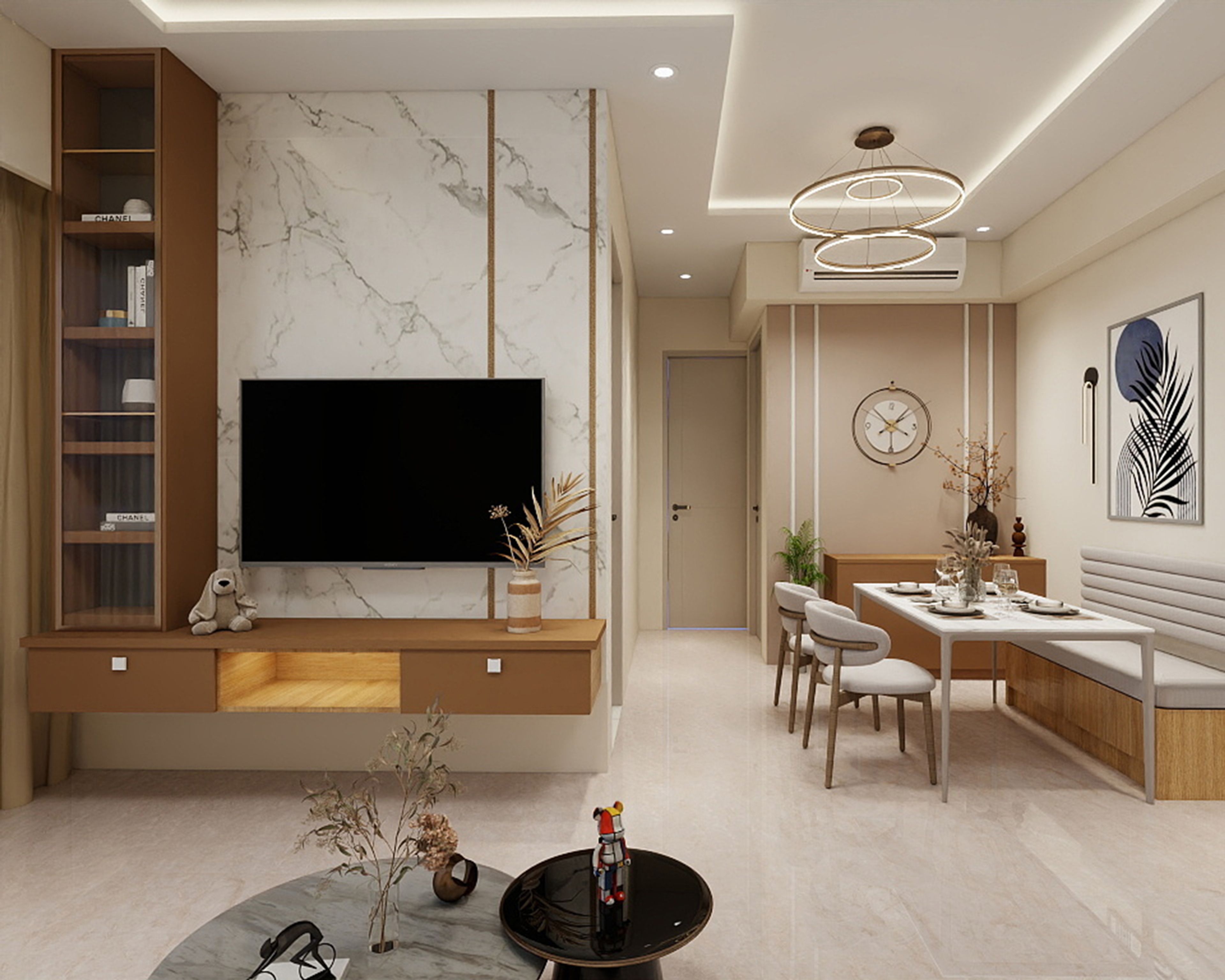 Modern Eclectic Tan Living Room TV Unit Design with Marble Panels