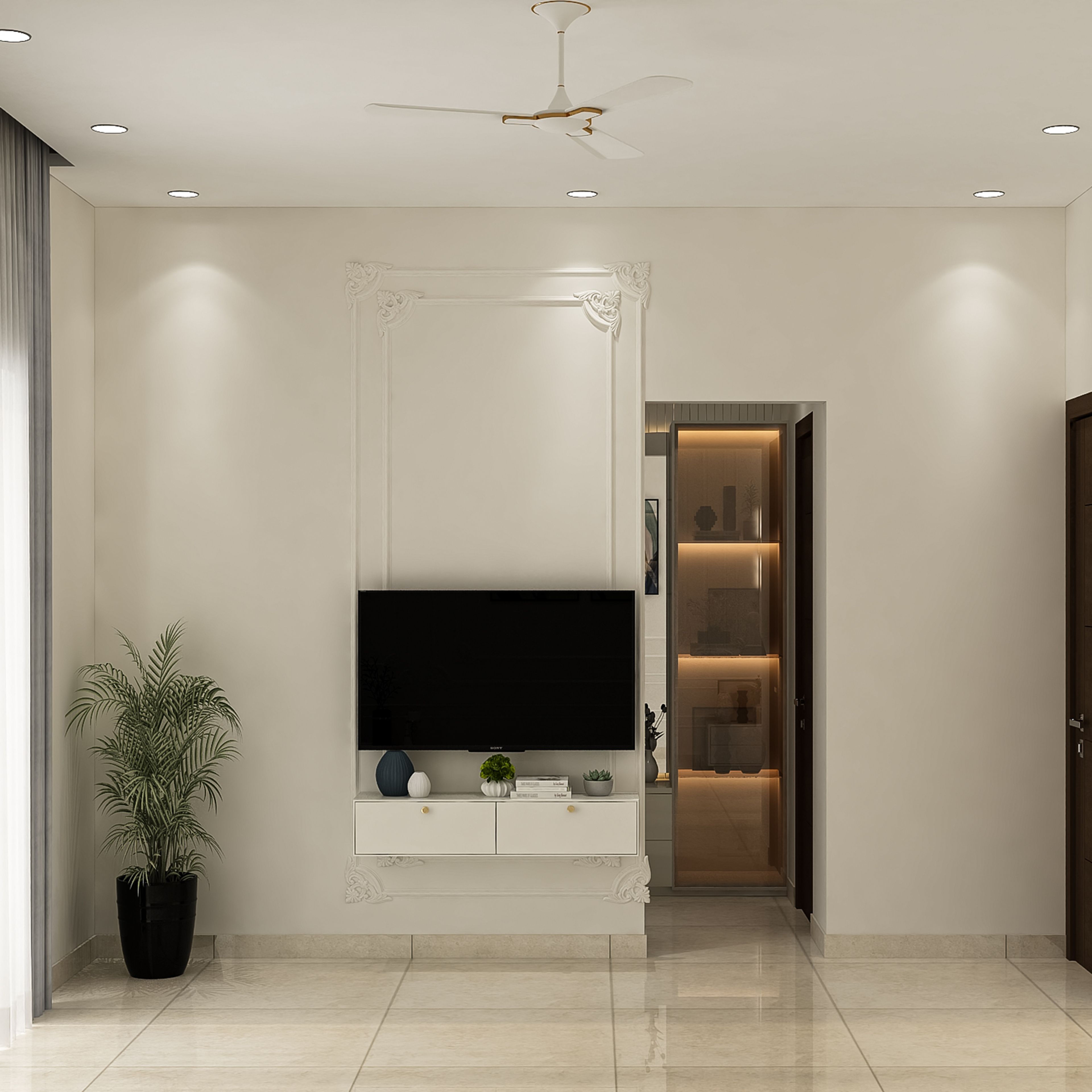 Classic Living Room White TV Unit Design with Ornate Panels