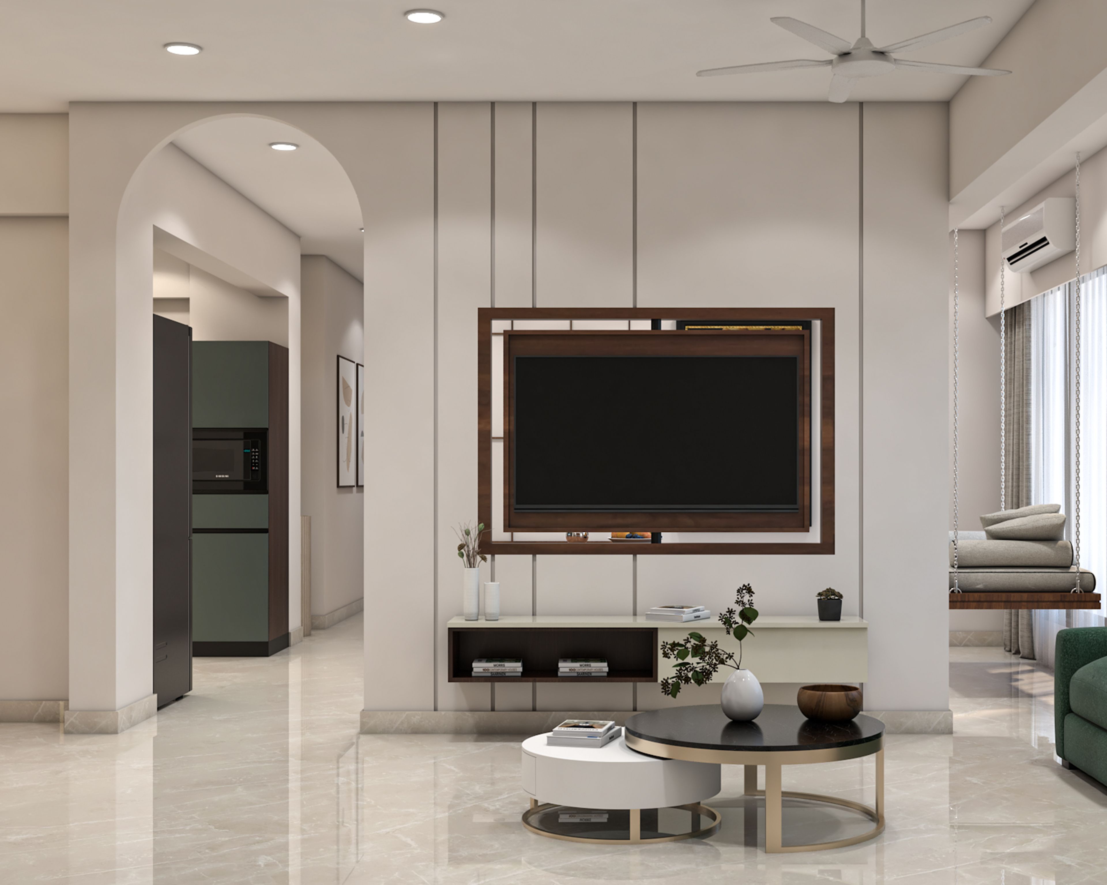 Minimal Living Room White and Teak TV Unit Design with Backlit Frame