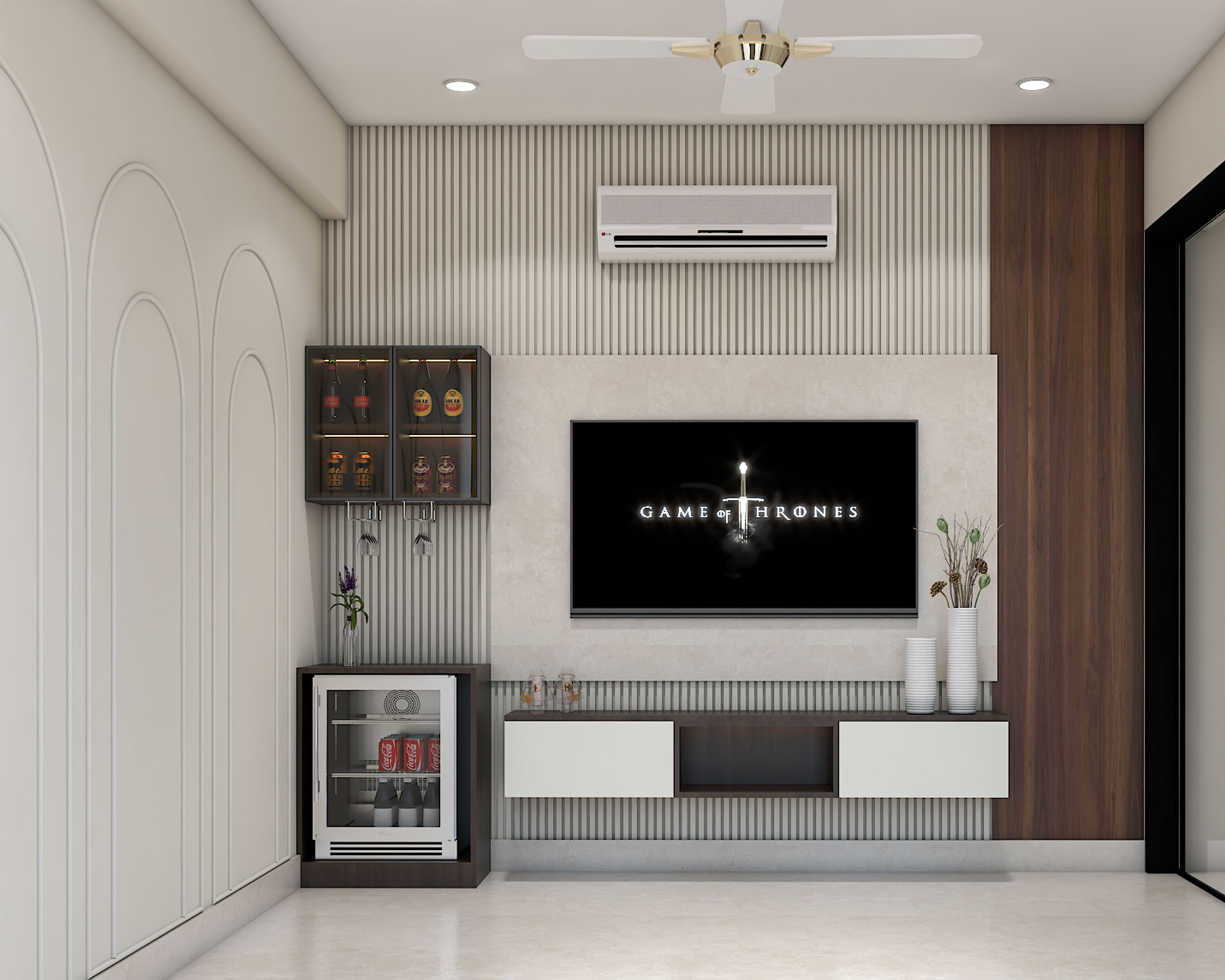 Contemporary Living Room White and Teak TV Unit Design with Built-In Bar