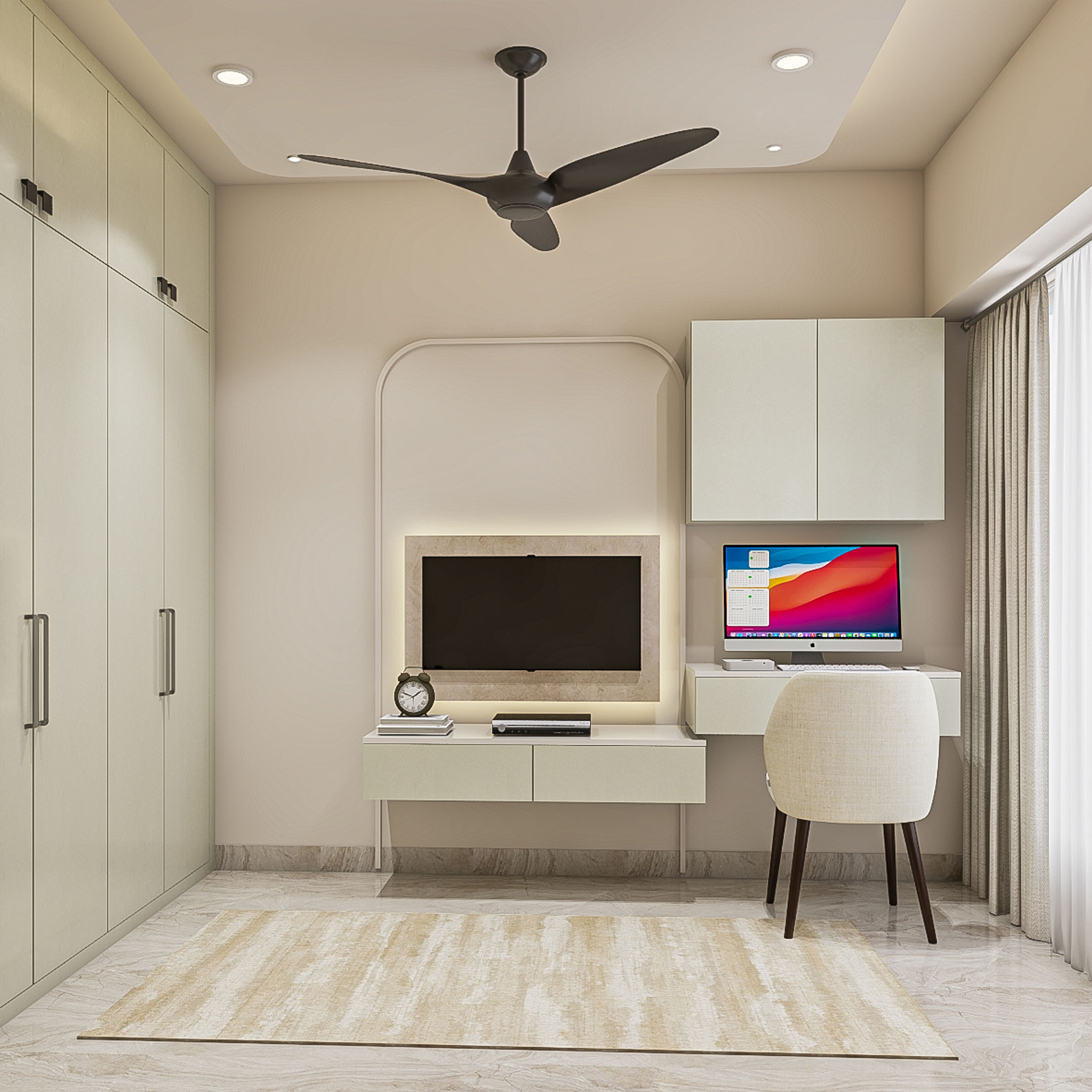 White Contemporary TV Unit Design with Study Desk and Chair