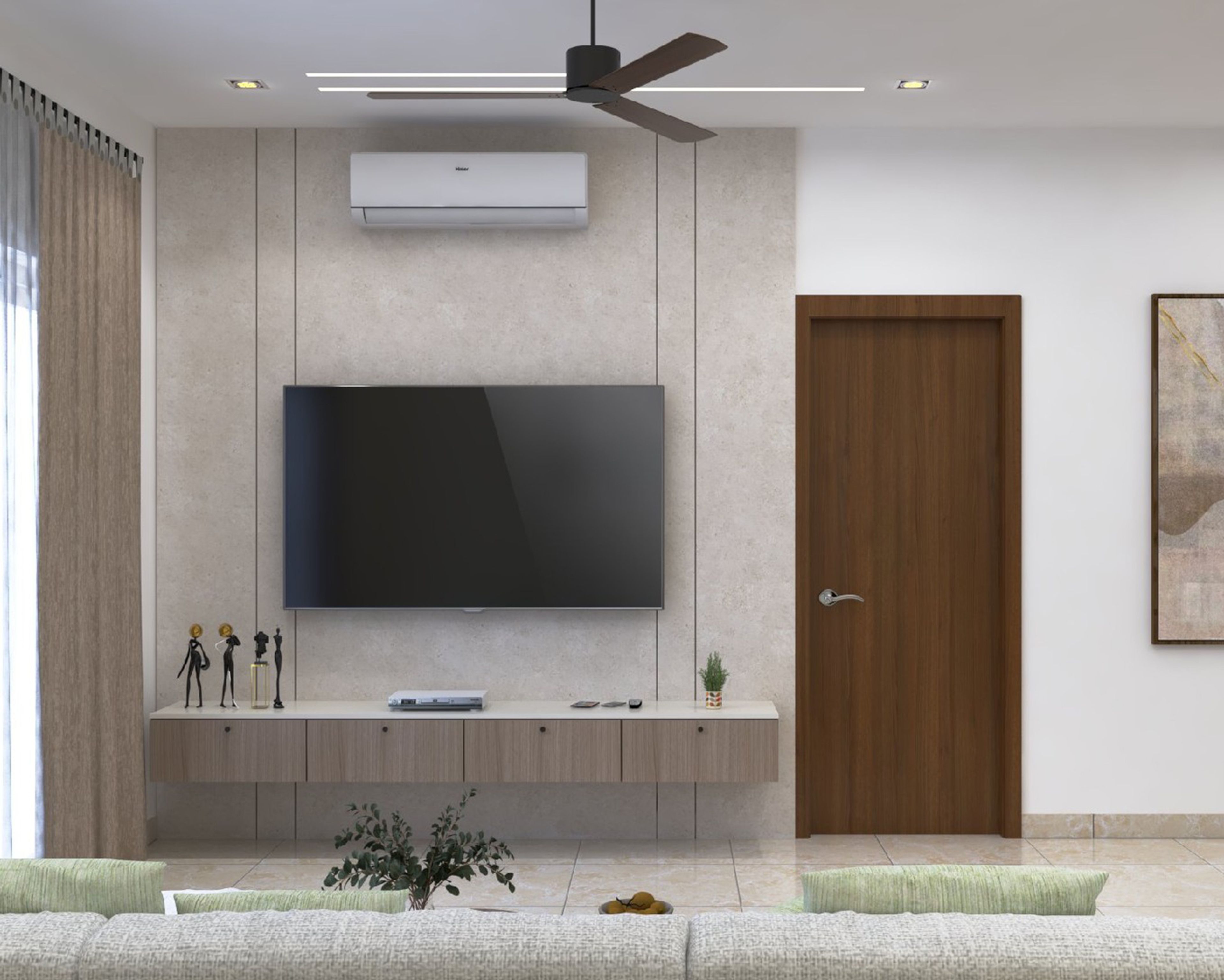 Modern Walnut TV Unit Design with Floating Console Storage in Suede Finish