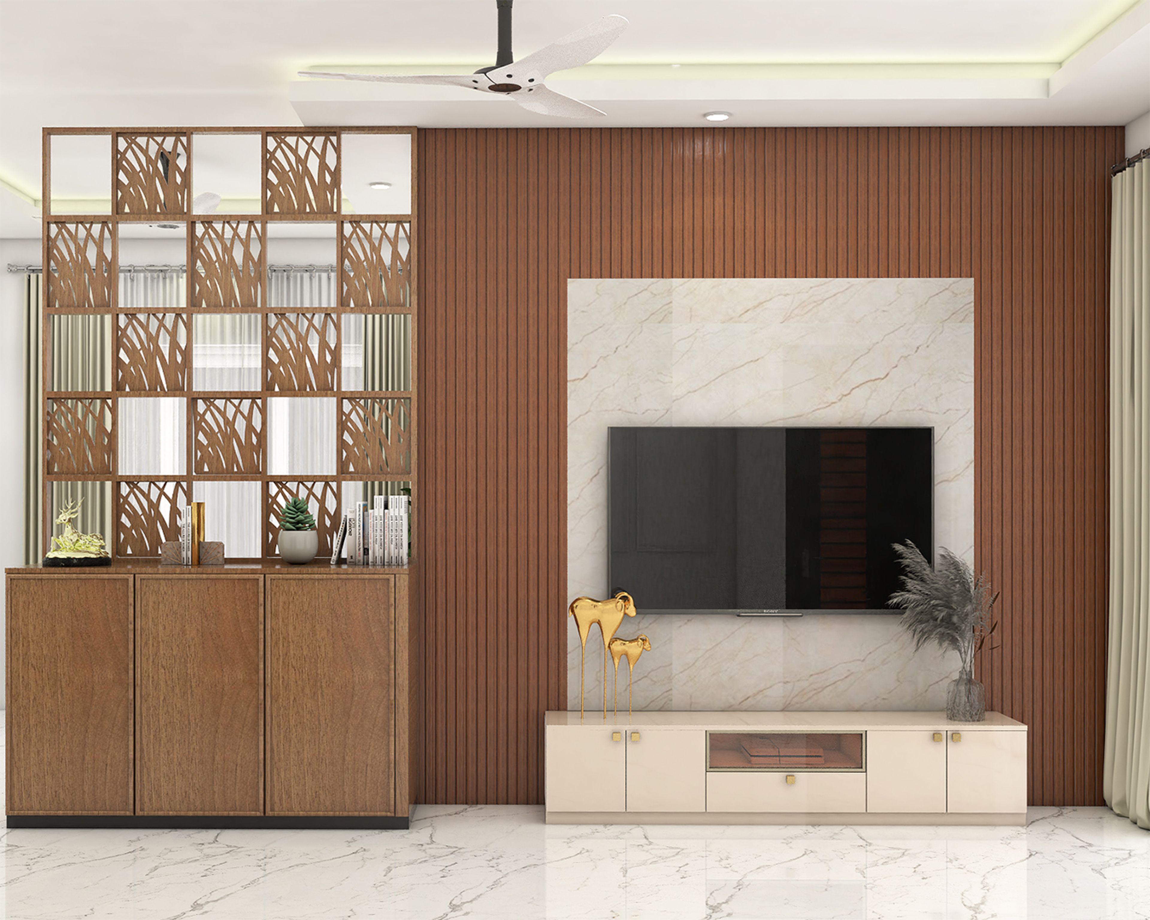 Beige Contemporary TV Unit Design with Glass Cabinet and Marble Panel