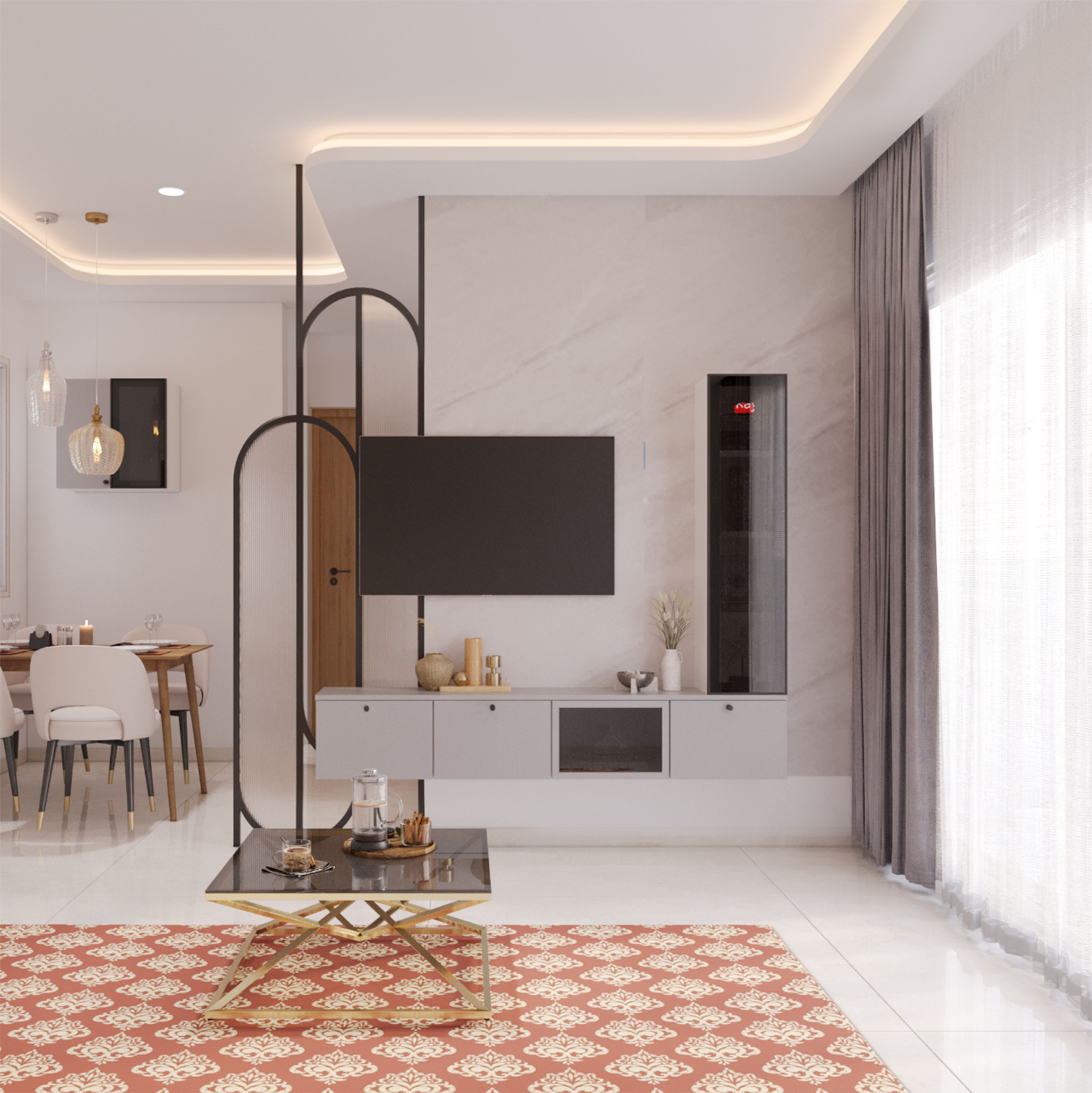 Contemporary TV Unit Design in Grey with Marble Backdrop and Cabinet Storage