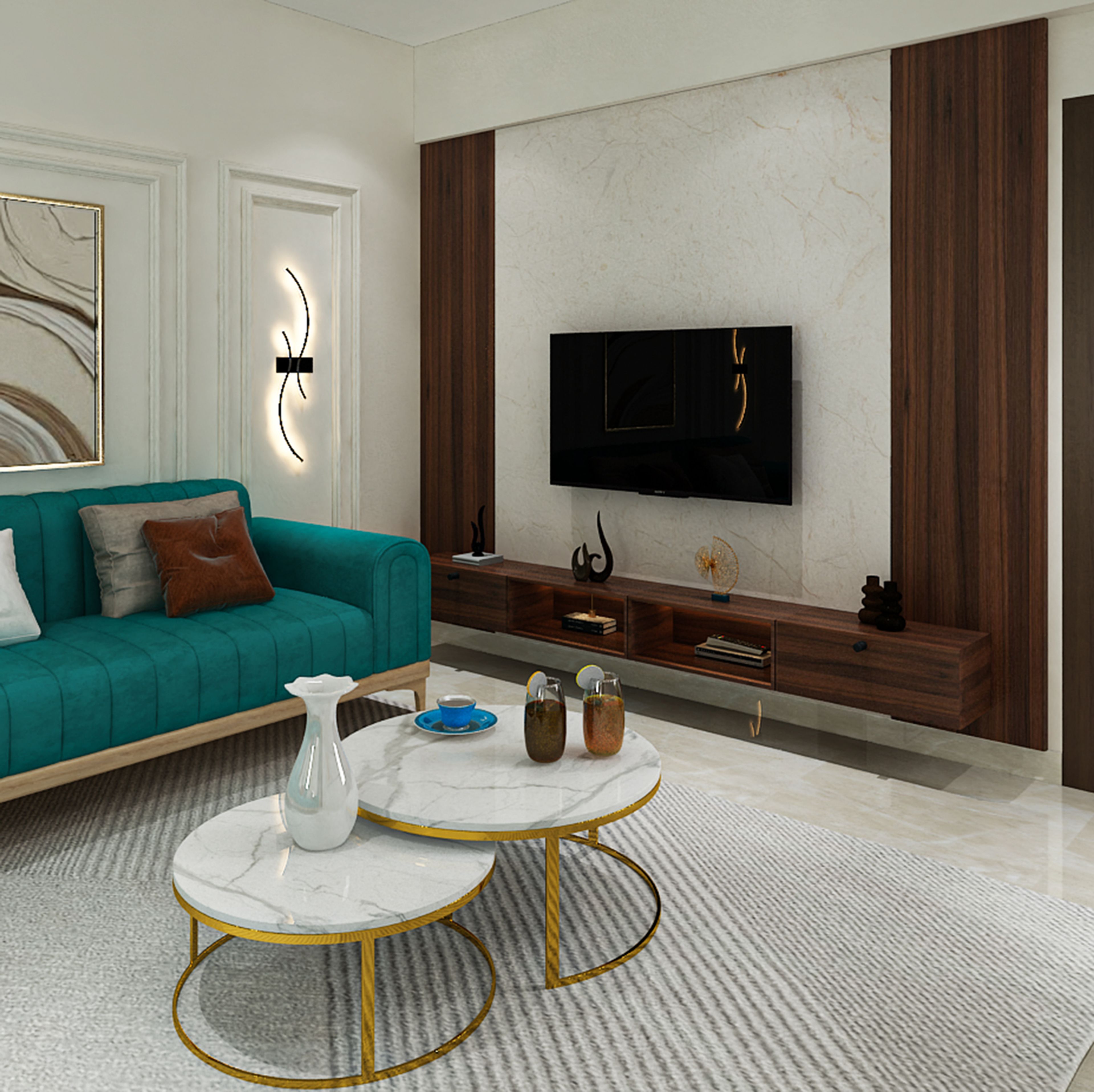 Walnut Contemporary TV Unit Design with Suede Finish Floating Console