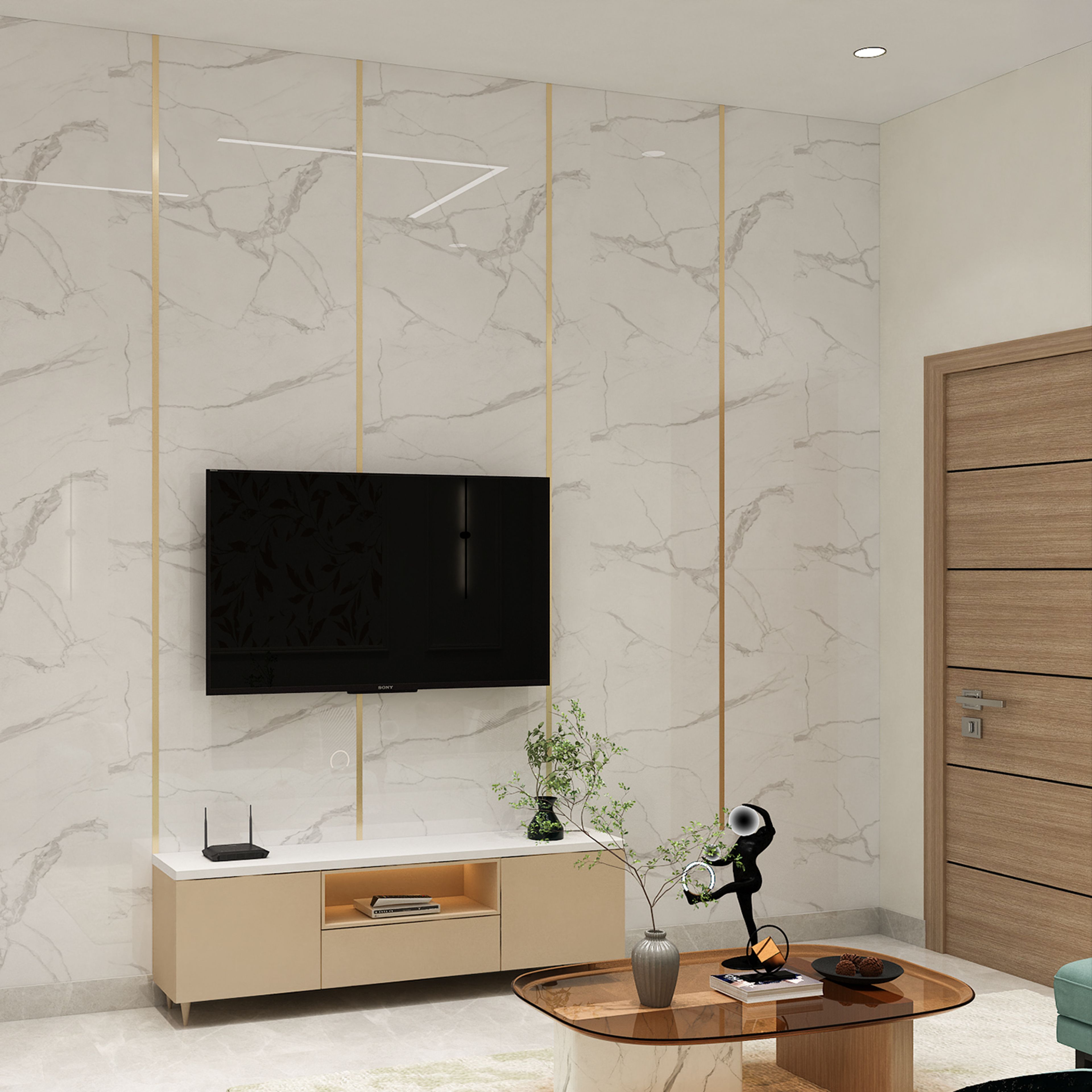 Contemporary Cream TV Unit Design with Marble Wall and Display Shelf