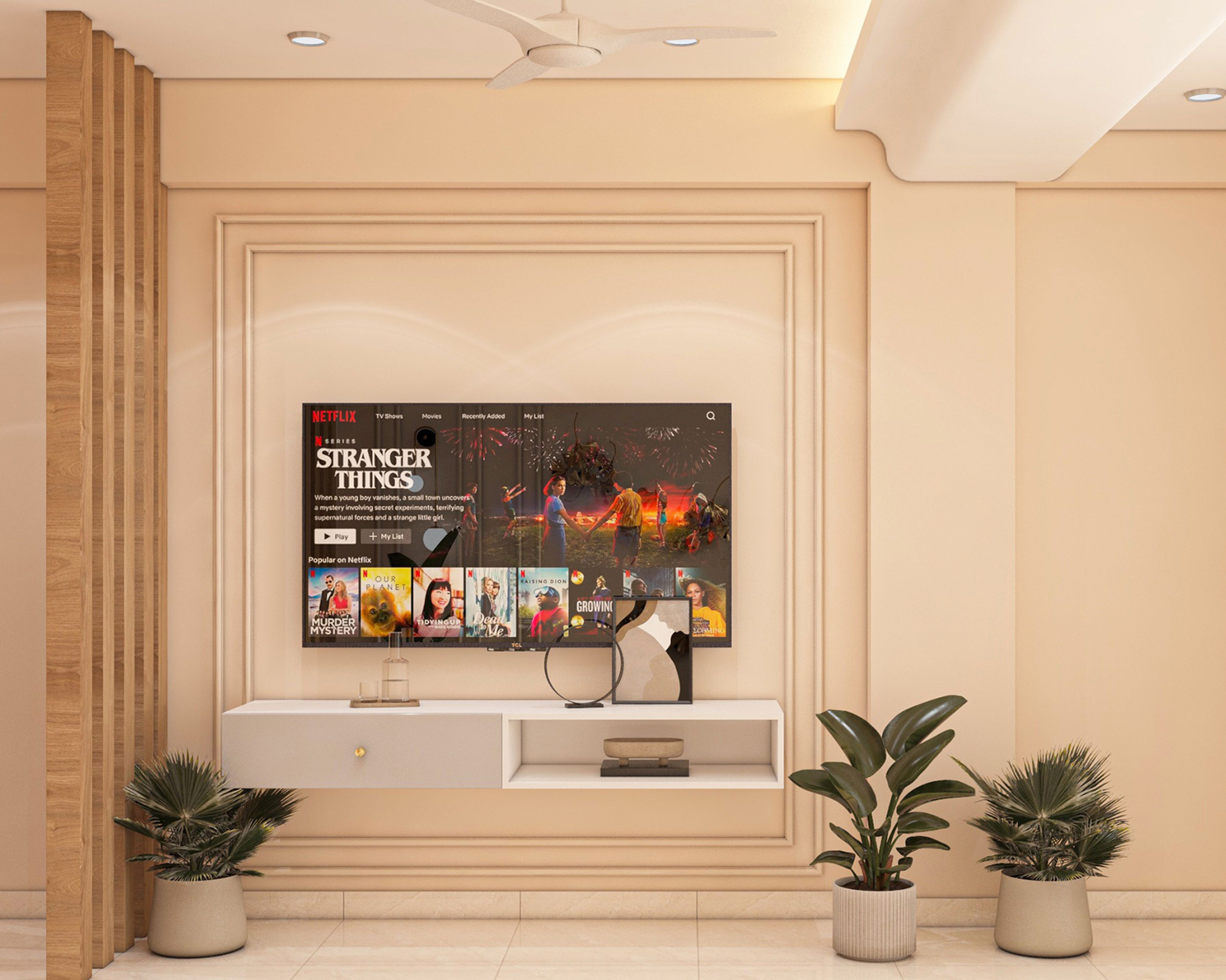 Modern Grey TV Unit Design with Floating Console and Open Shelf