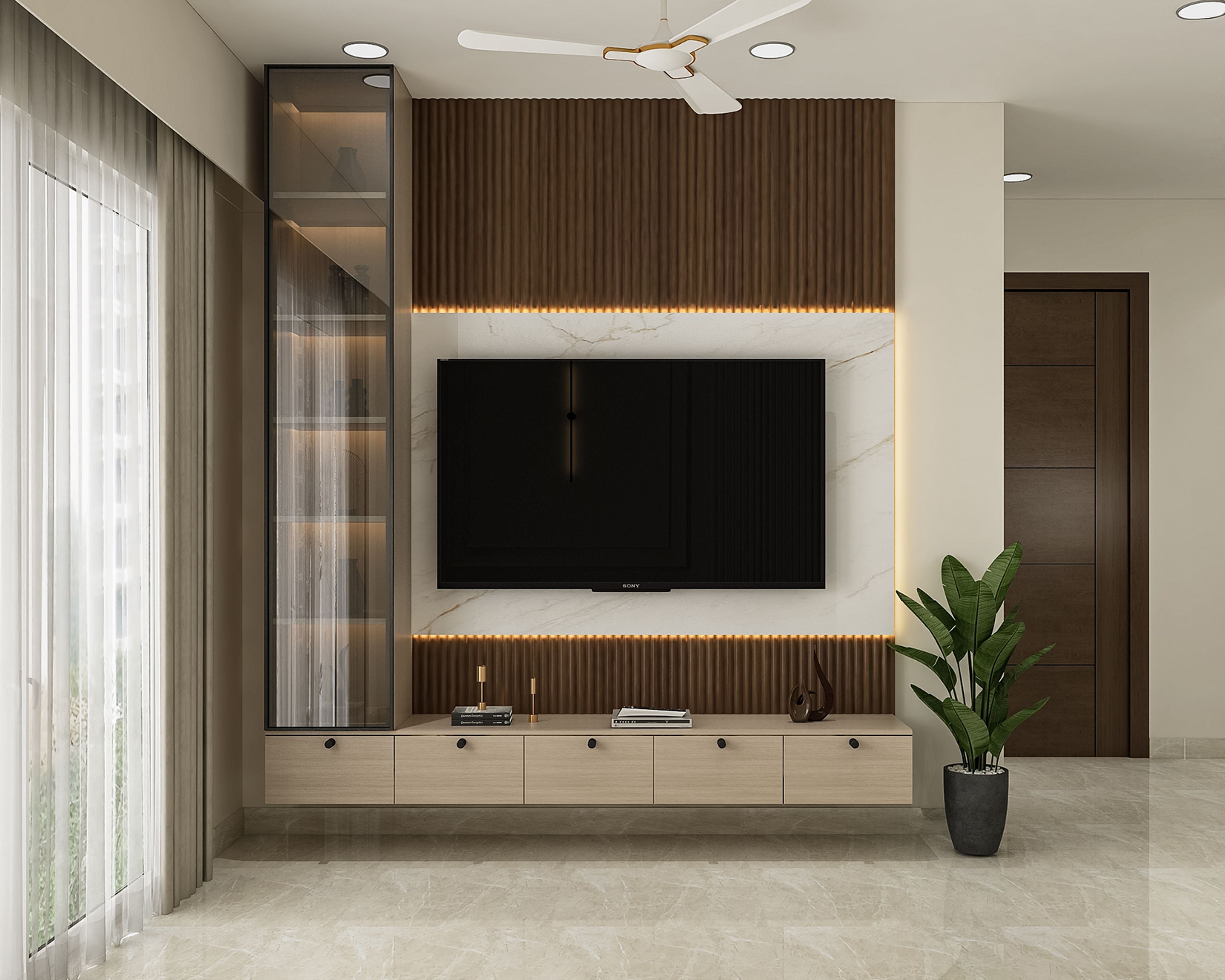 Contemporary TV Unit Design with Tall Display Cabinet and Console