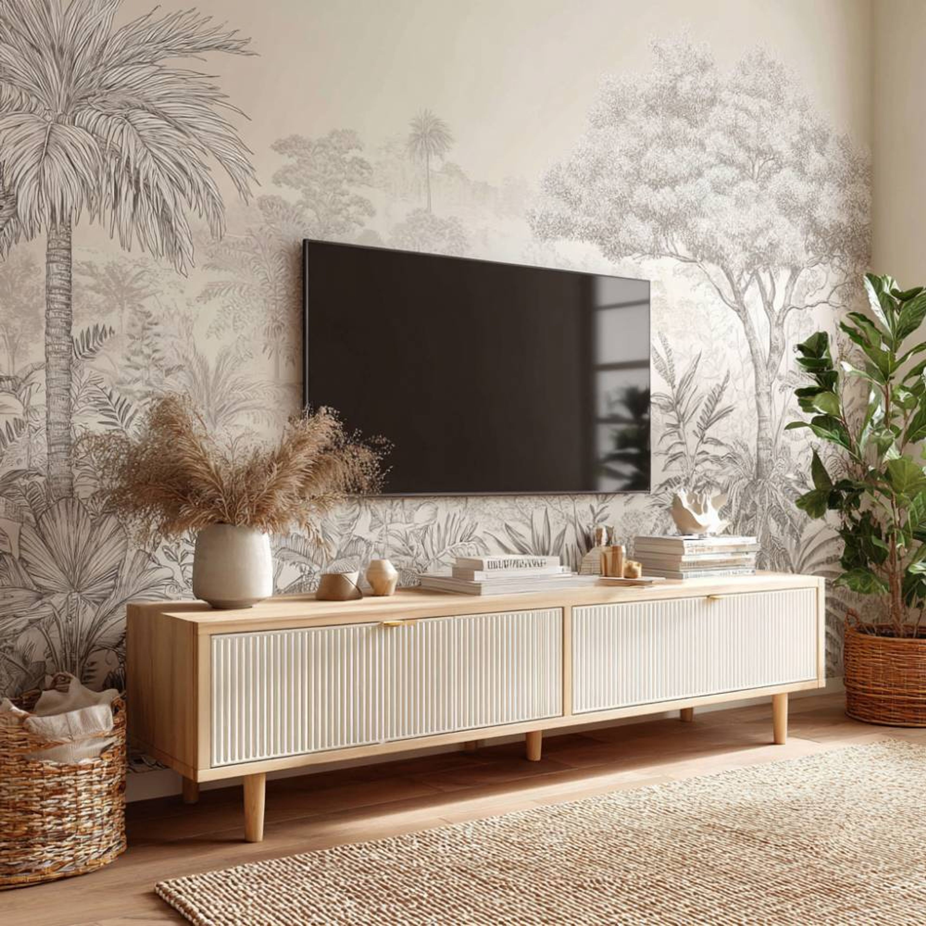 Scandinavian Oak White TV Unit Design with Wooden Texture Drawer Storage