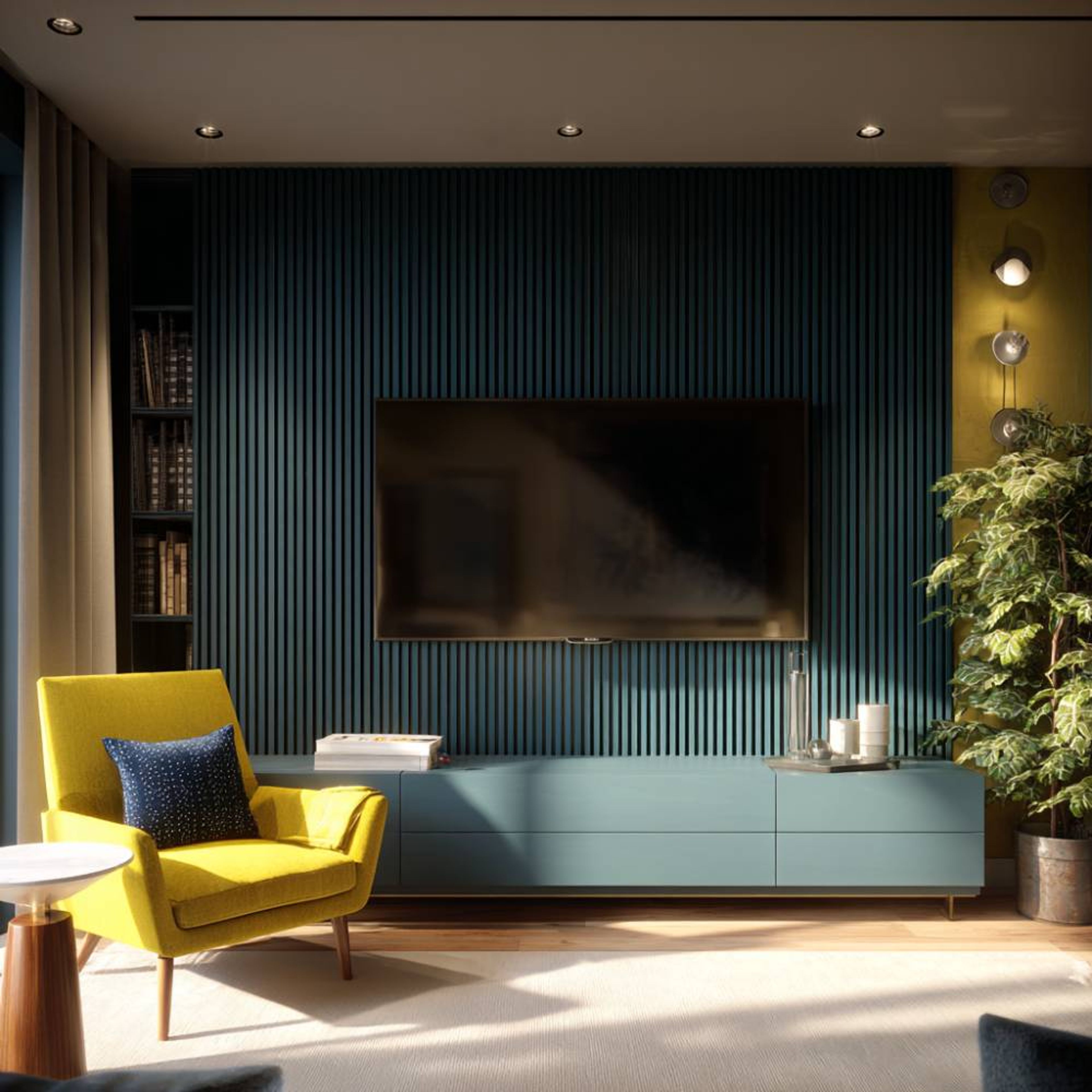 Modern Turquoise Blue TV Unit Design with Floating Storage Console