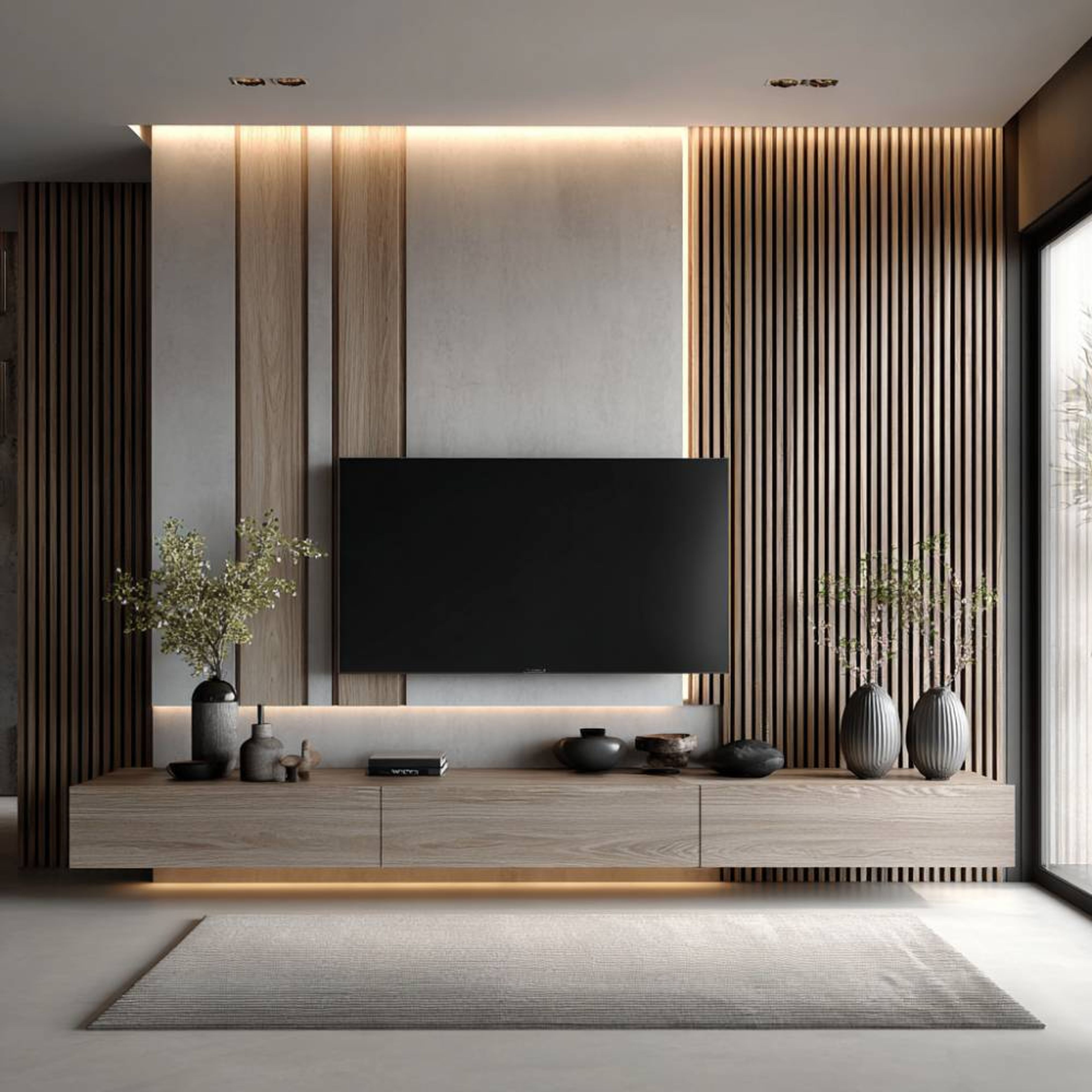 Modern Walnut TV Unit Design With Floating Drawer Storage and Wood Panel Backdrop