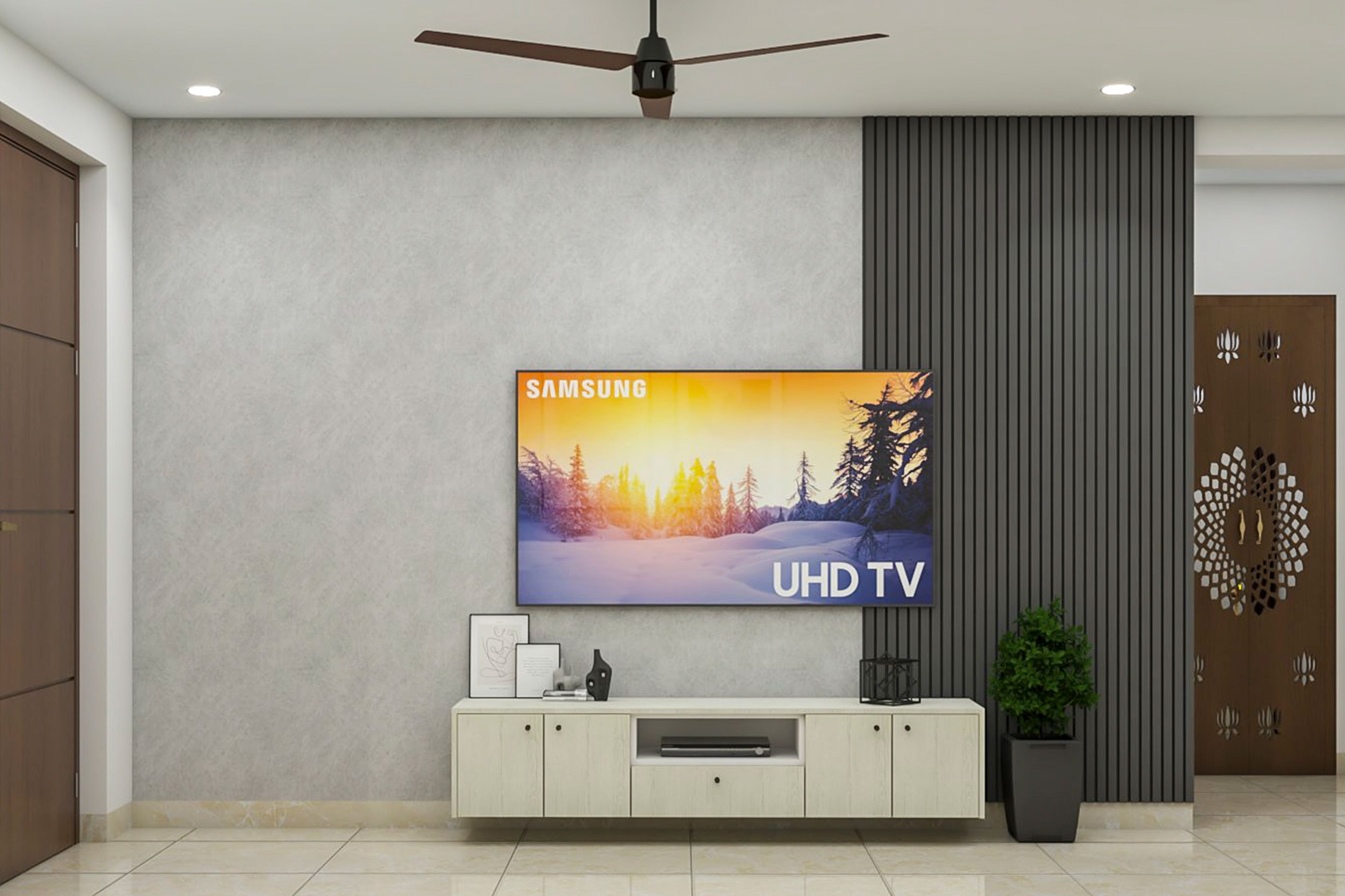Contemporary TV Unit Design with Textured Backdrop and Open Shelf