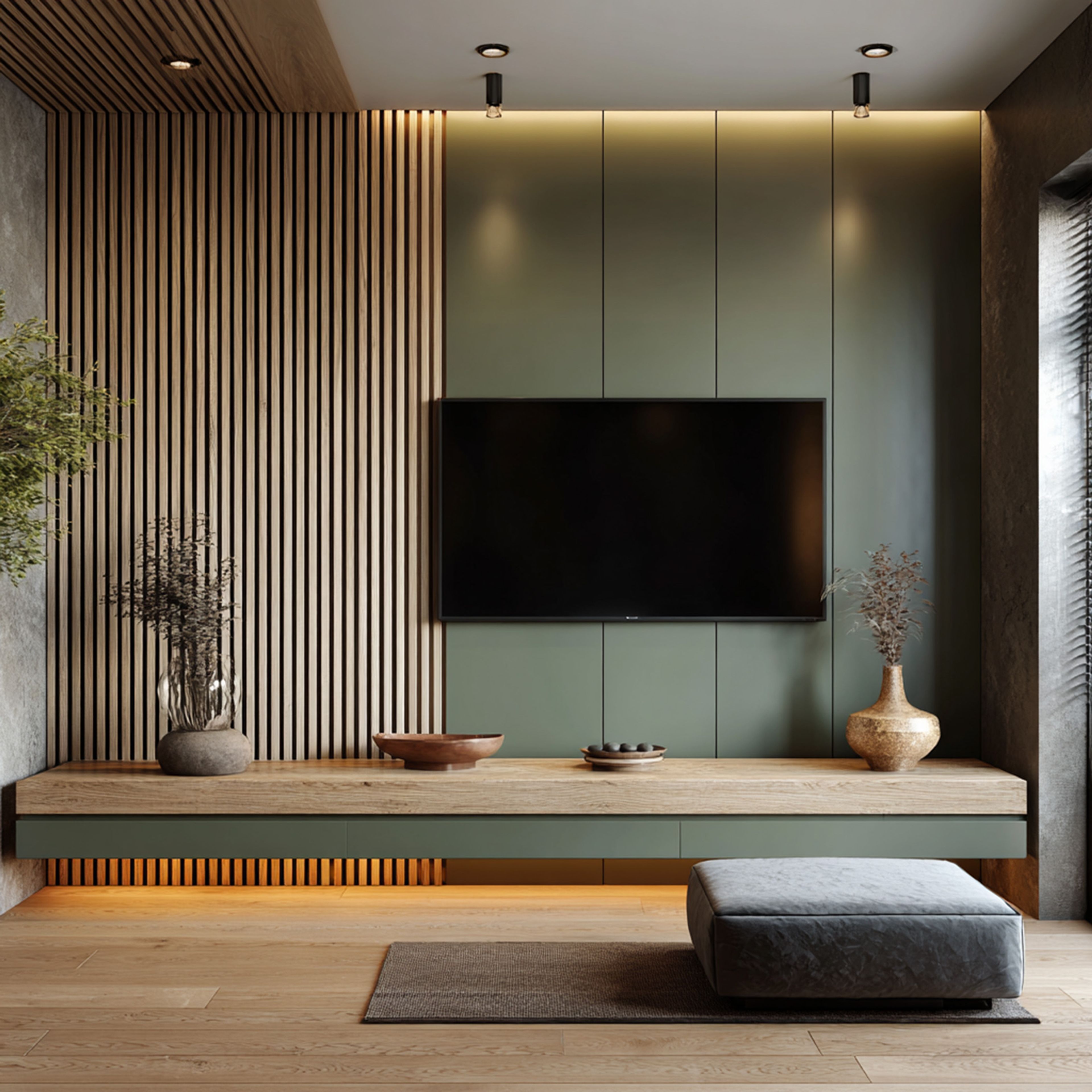 Modern Olive Green and Acacia TV Unit Design with Floating Shelf