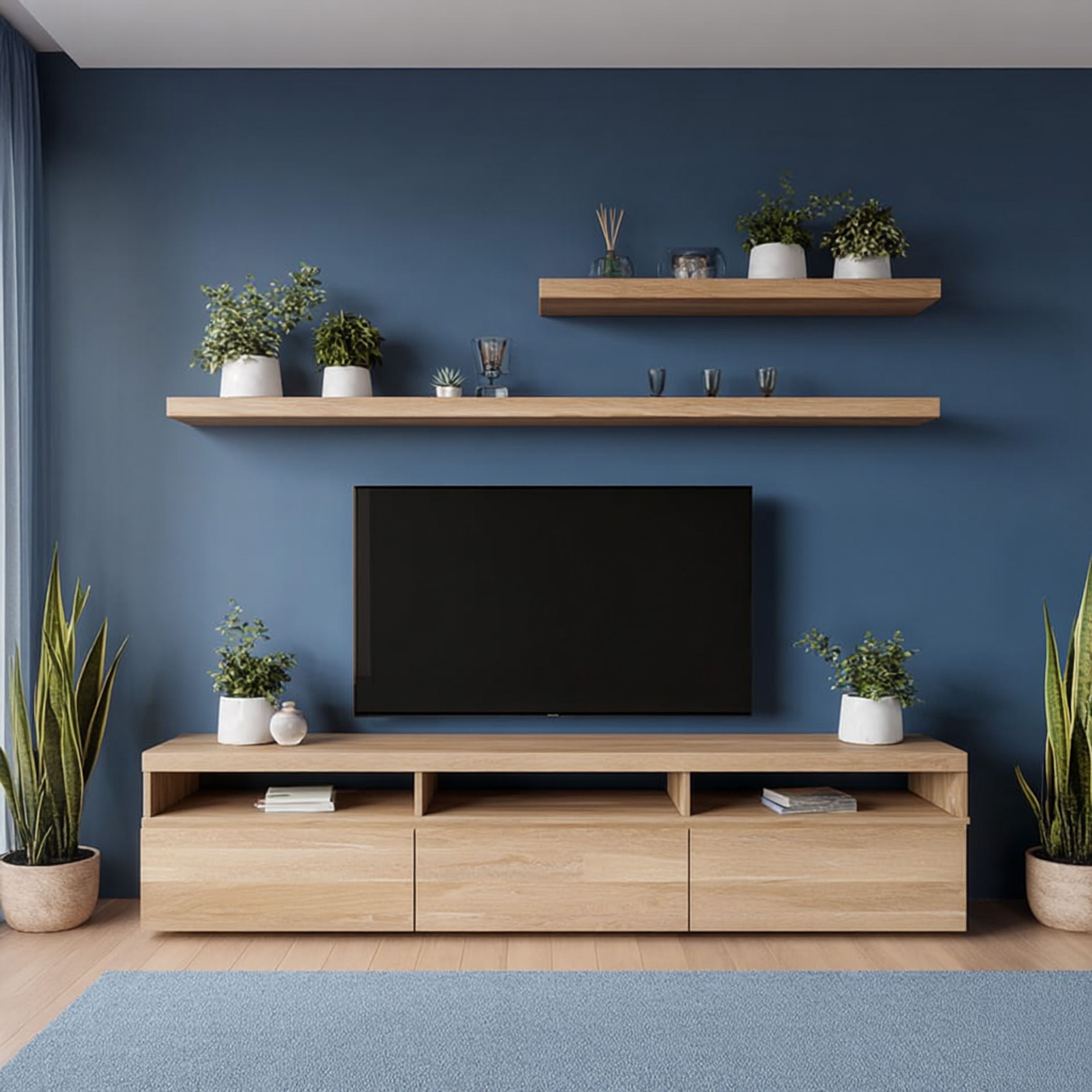 Scandinavian Oak TV Unit Design with Matte Finish Floating Shelves
