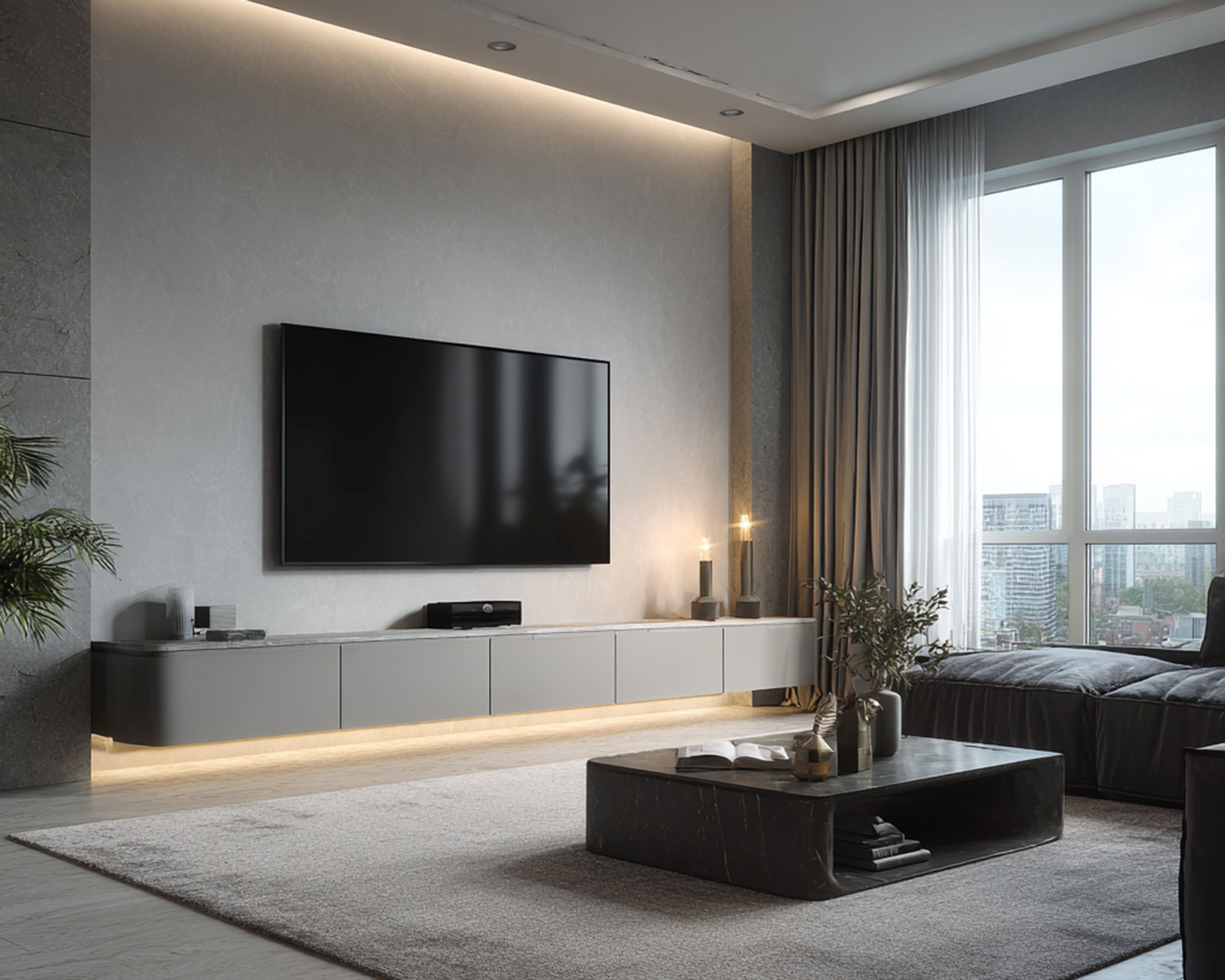 Grey Modern TV Unit Design with PU in Matte Finish Floating Cabinet