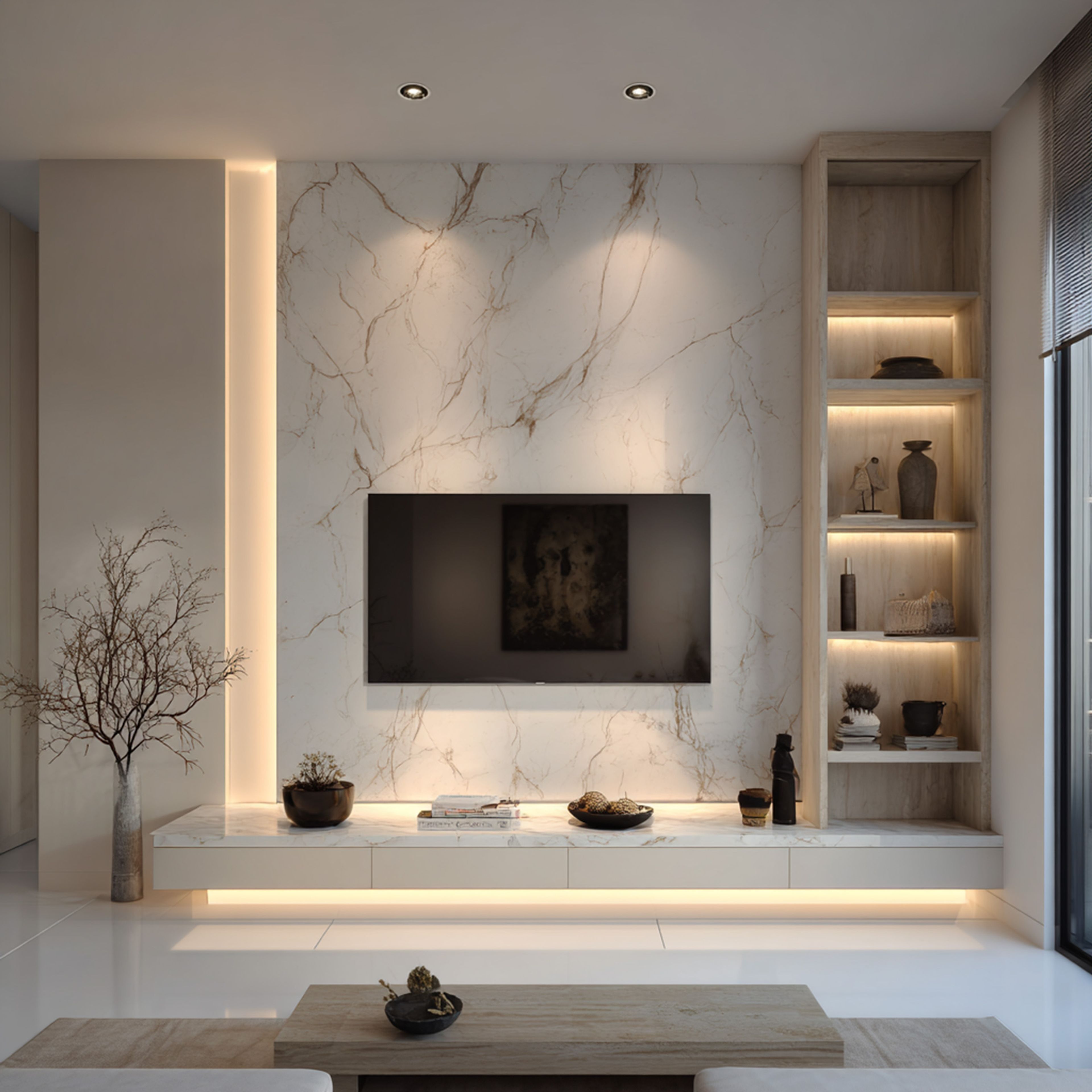 Champagne and Acacia Modern TV Unit Design With Marble Backlit Panel