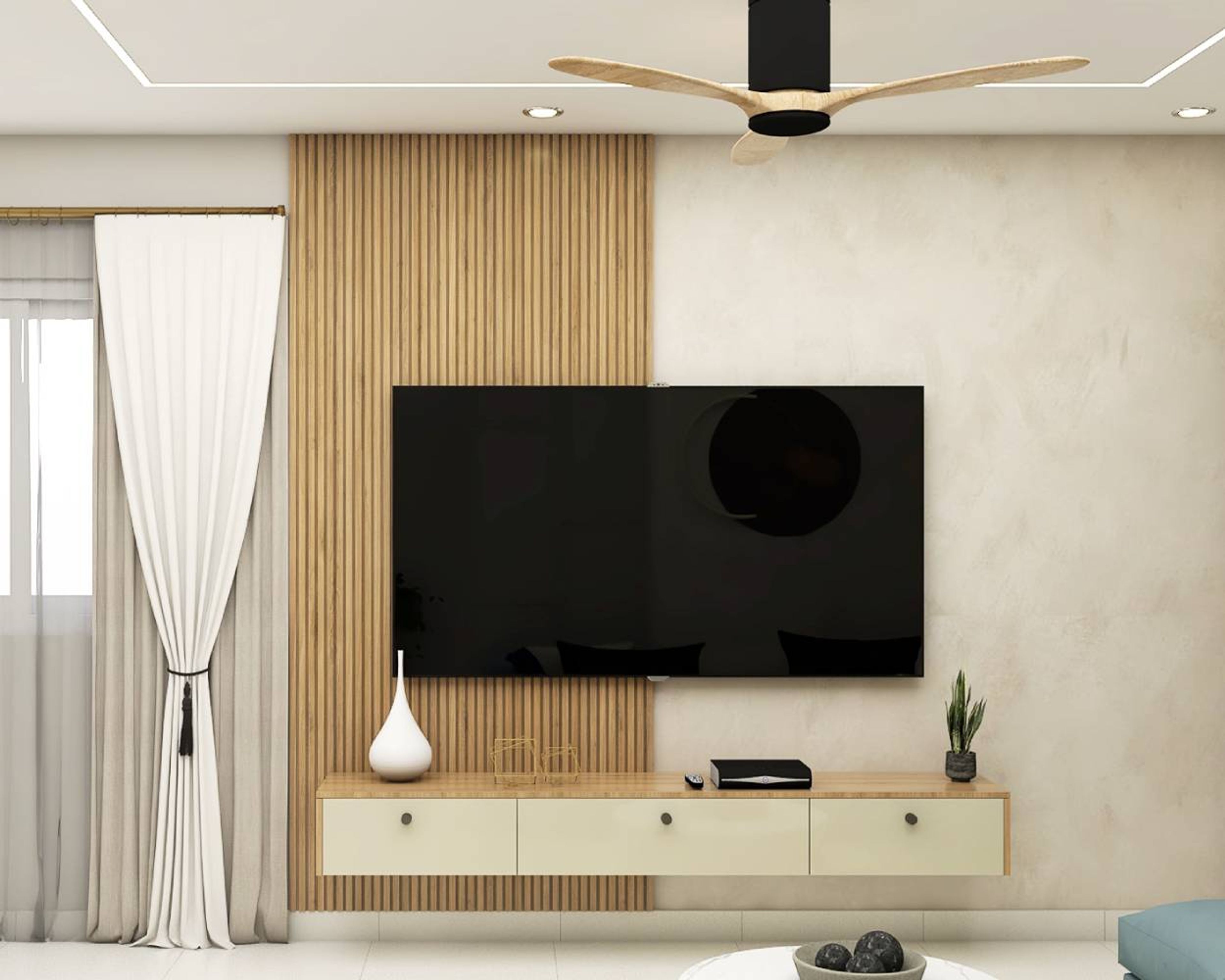Contemporary TV Unit Design with Floating Cabinet and Wooden Slats