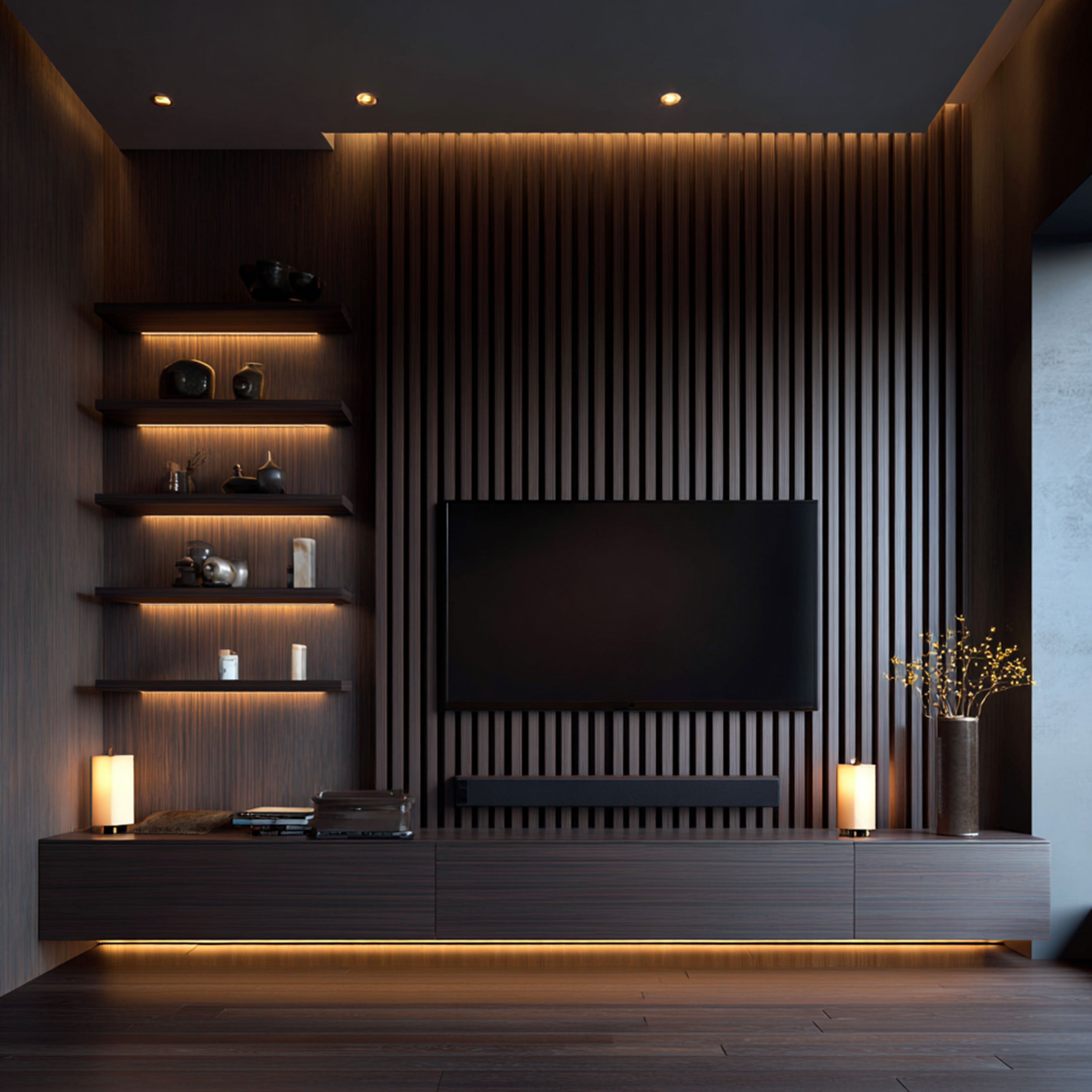Walnut Contemporary TV Unit Design with Slats and Display Shelves