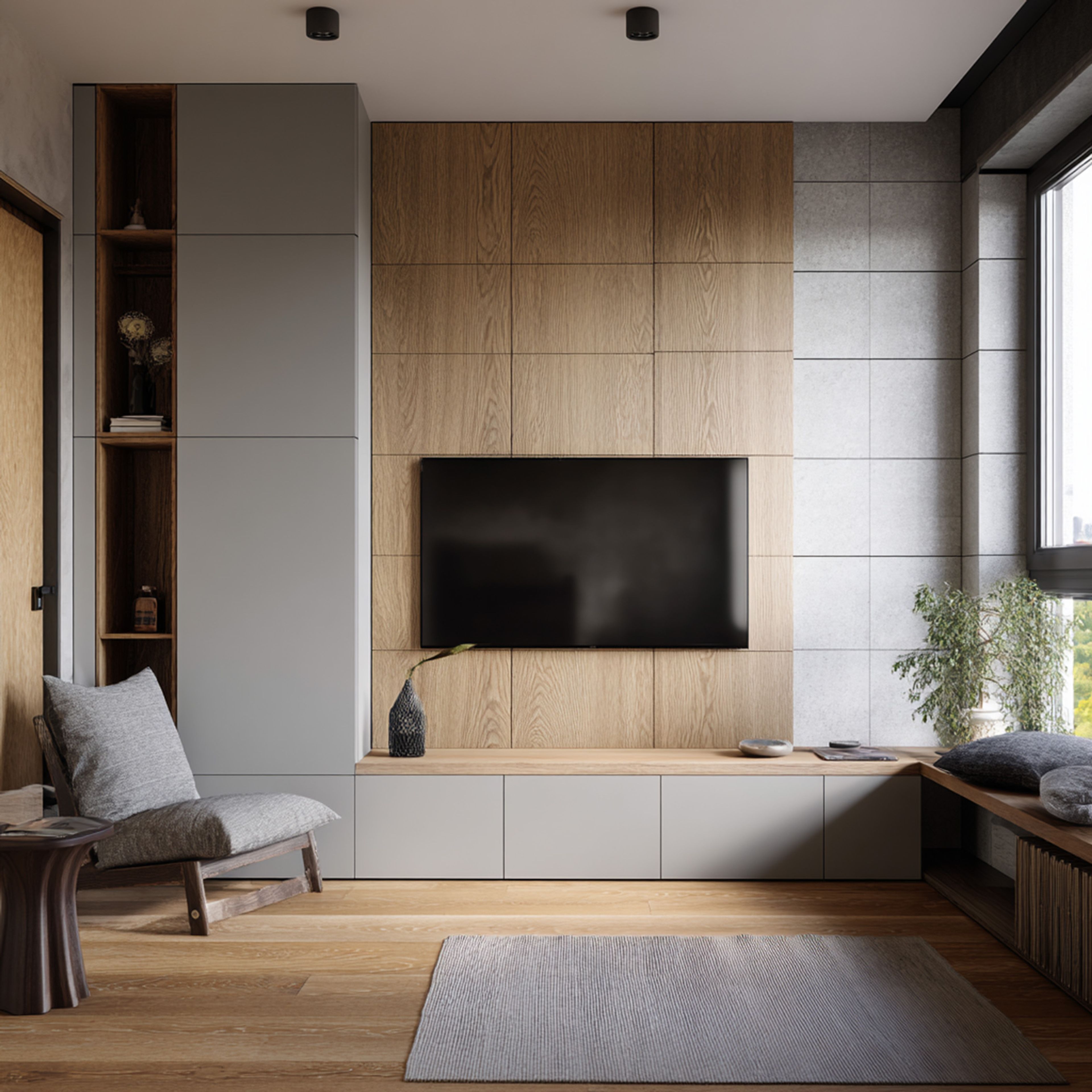 Minimal Grey TV Unit Design with Warm Wood Backdrop and Open Shelf Storage