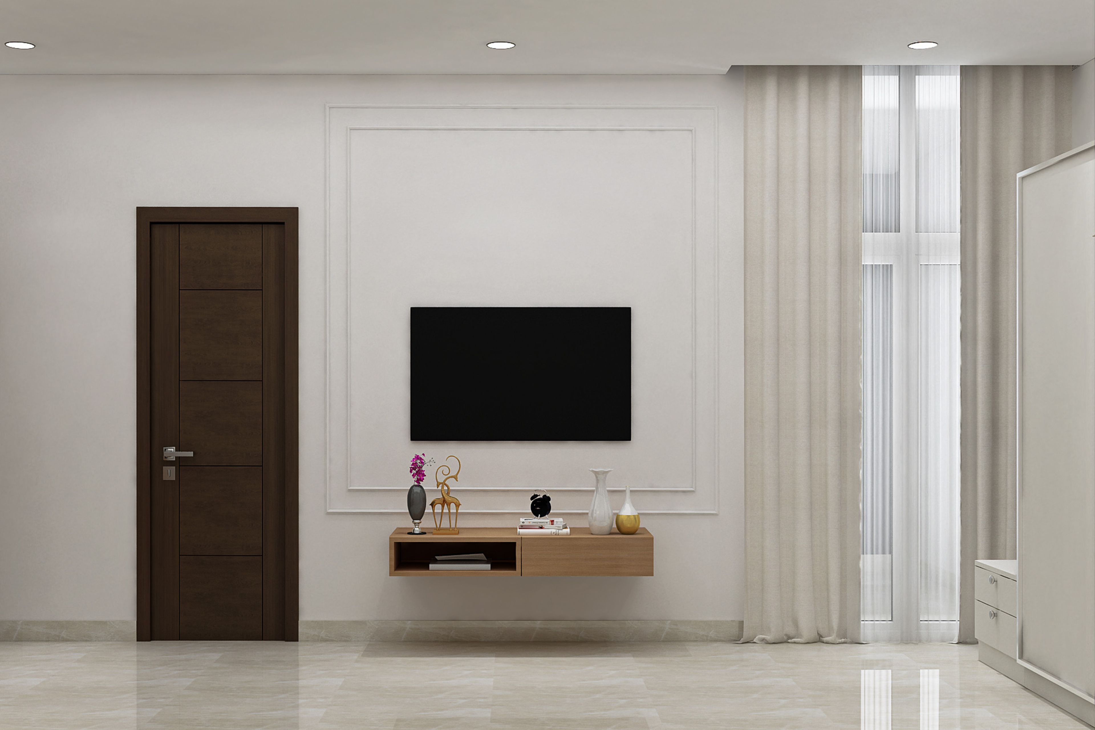 Minimal TV Unit Design with Warm Walnut Matte Finish and Floating Drawer