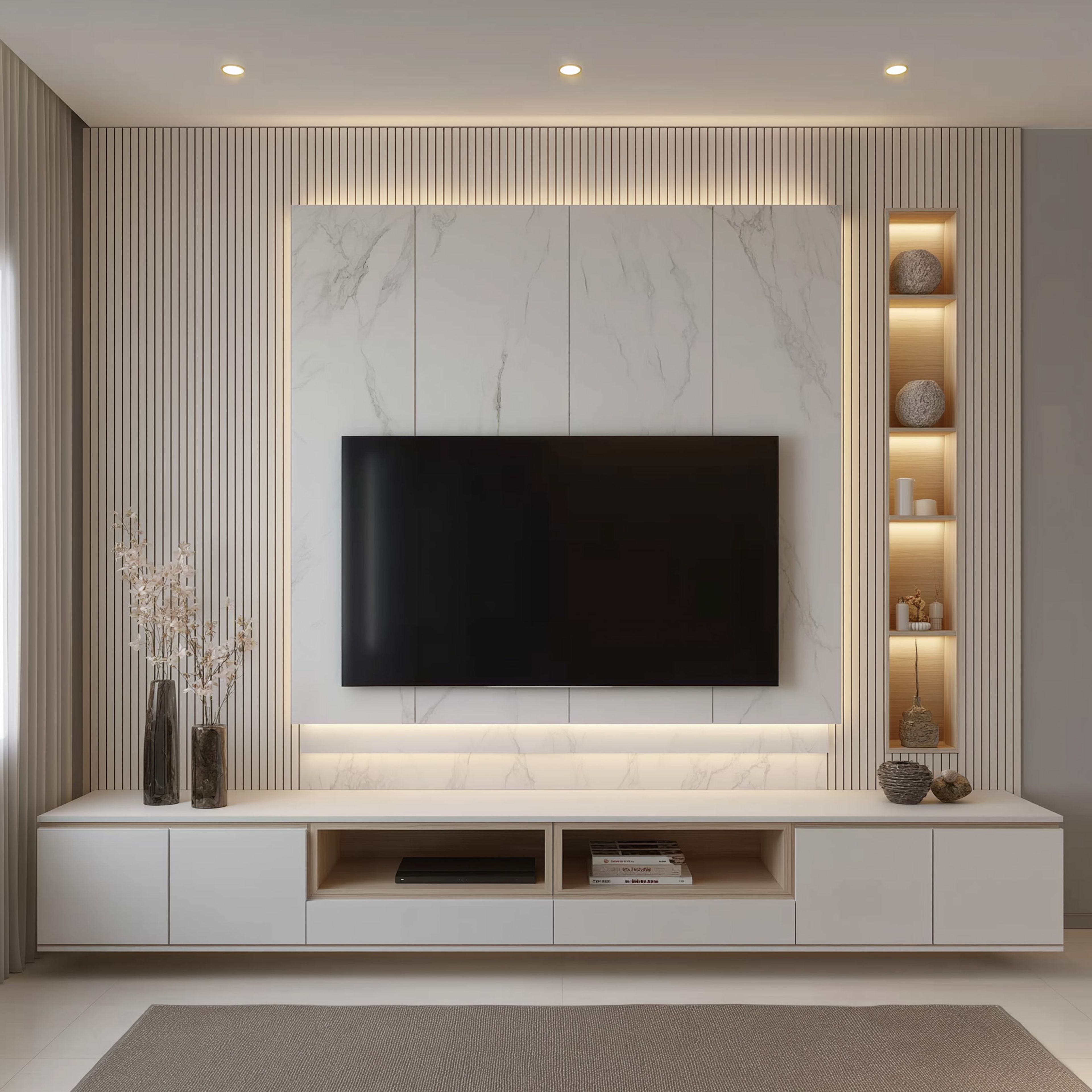 Champagne and Walnut Contemporary TV Unit Design with Marble Backdrop