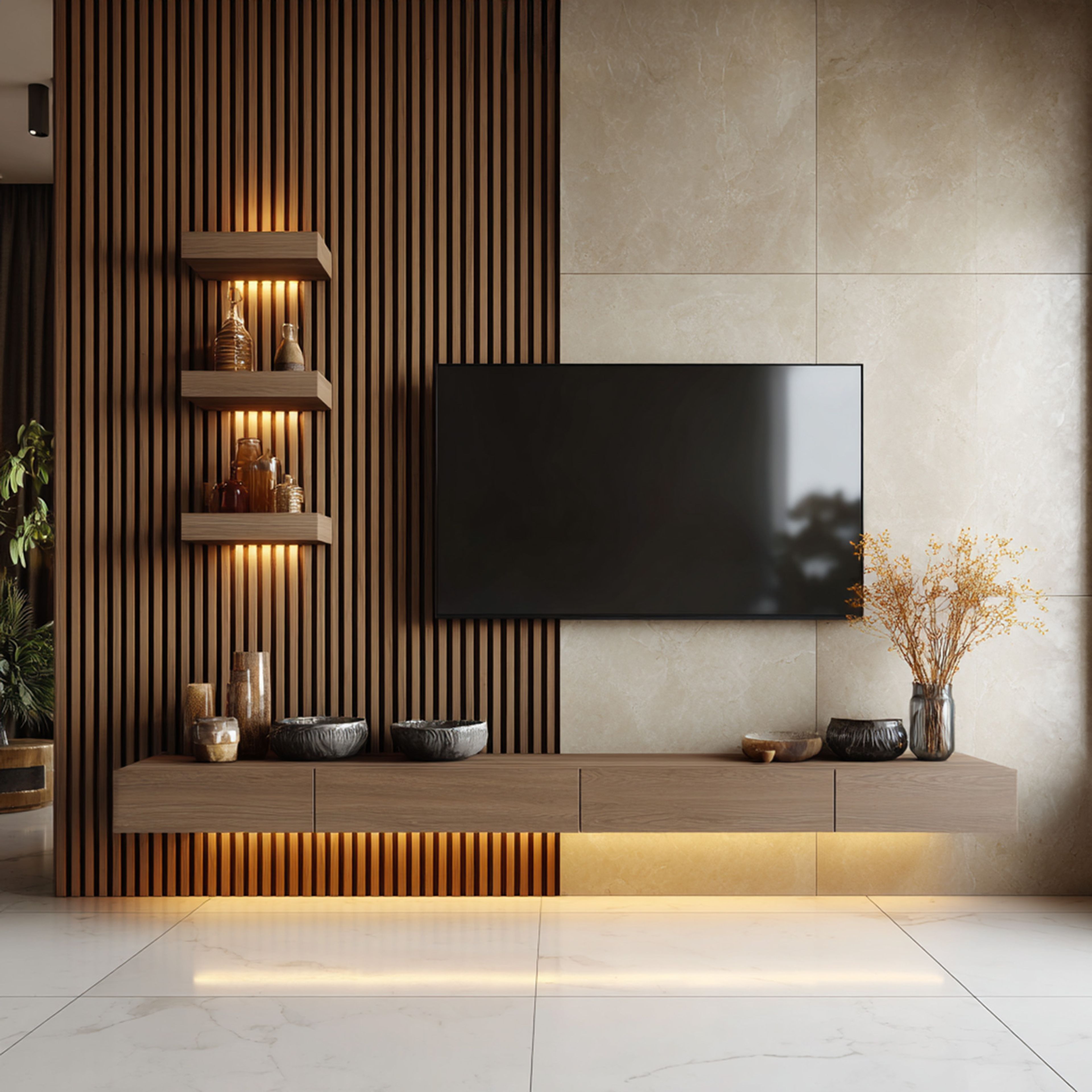 Walnut Bronze Minimal TV Unit Design with Slat Wall and Floating Console Storage
