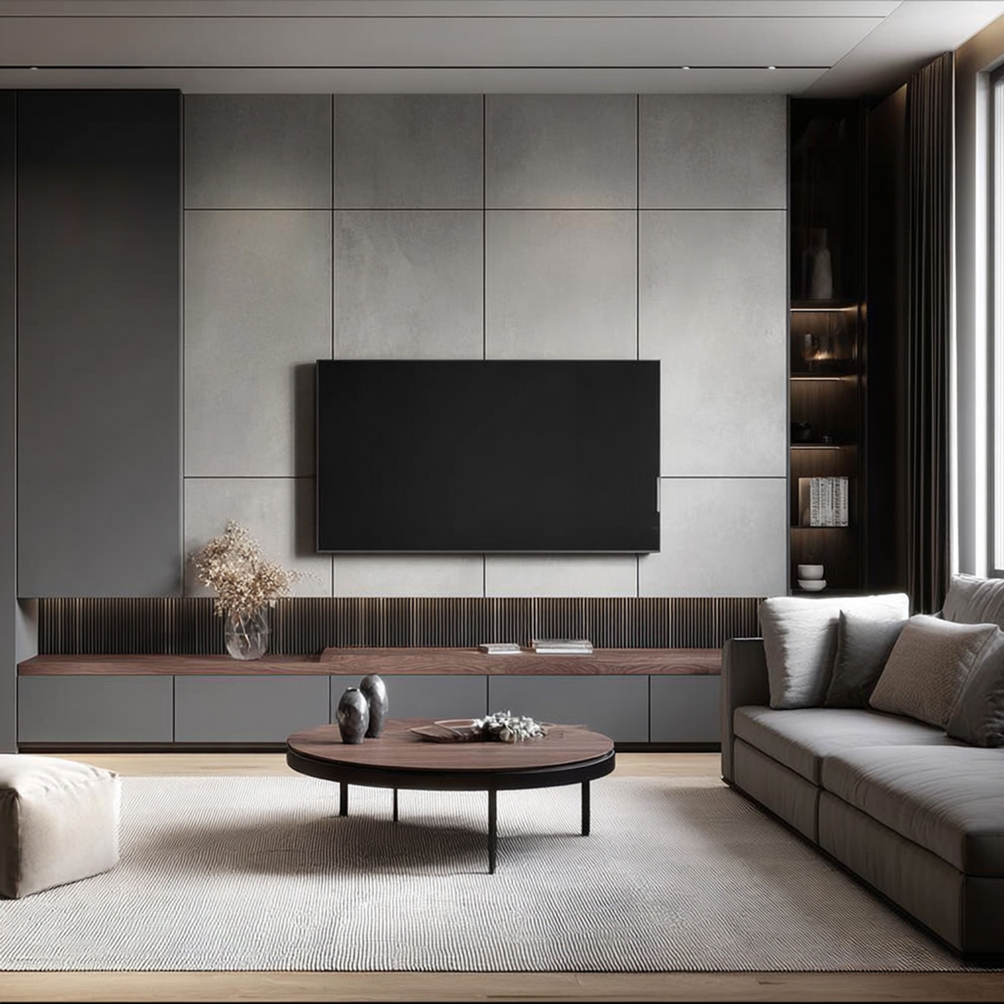 Modern Grey TV Unit Design with Extended Media Console and Push Drawer