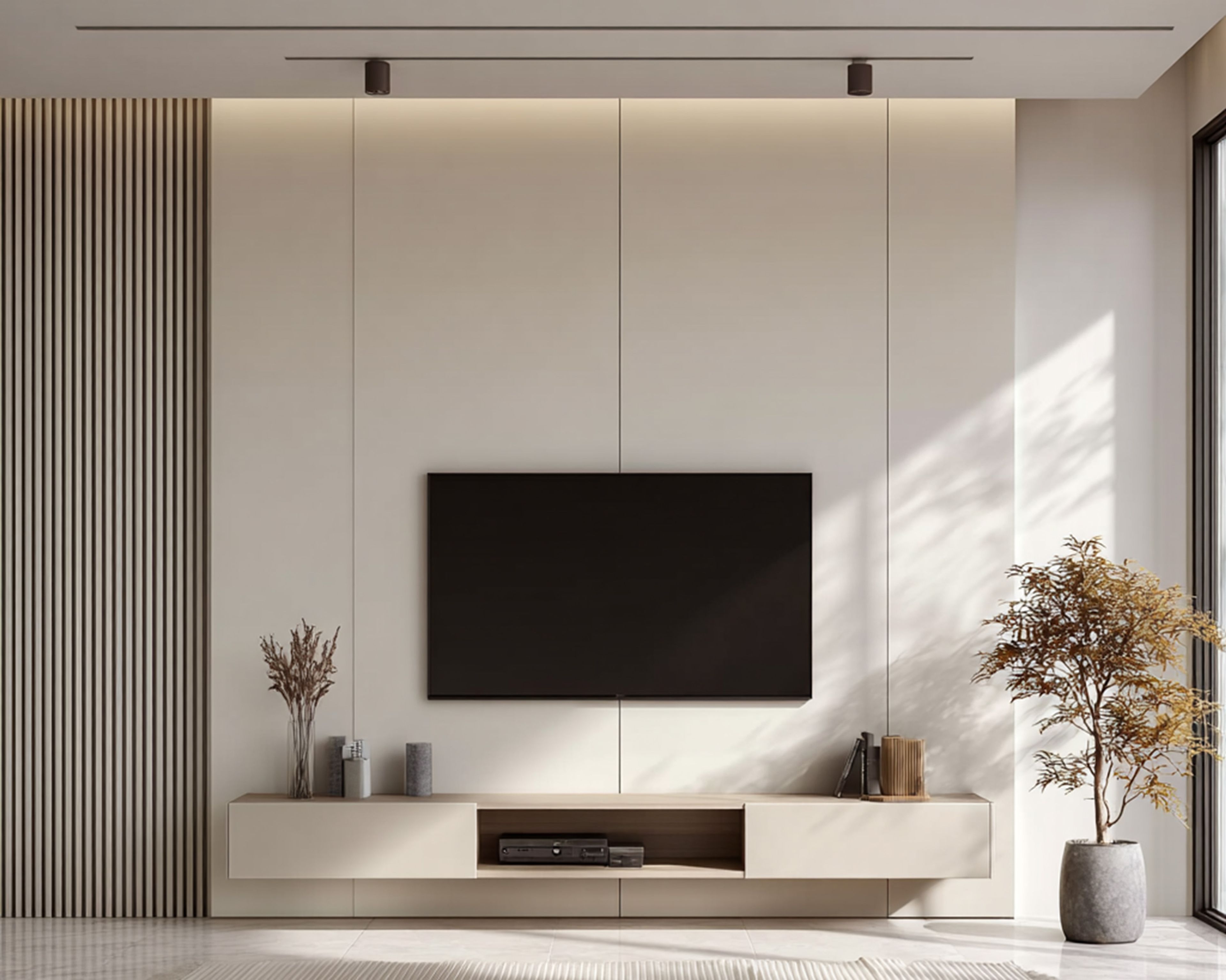 Ivory and Acacia Minimal TV Unit Design with Floating Cabinet