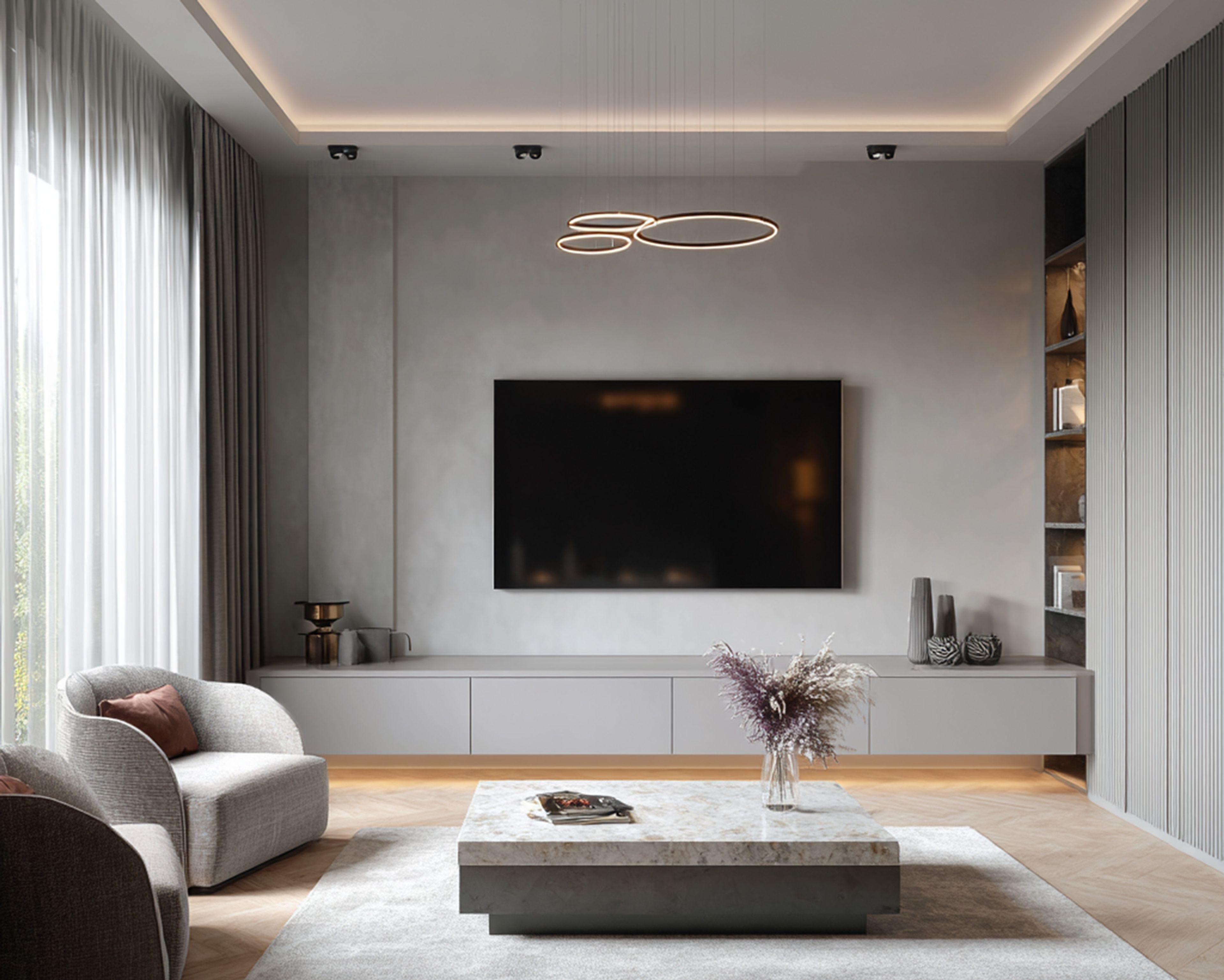 Modern Grey TV Unit Design with Ribbed Panels Drawer and Shelf