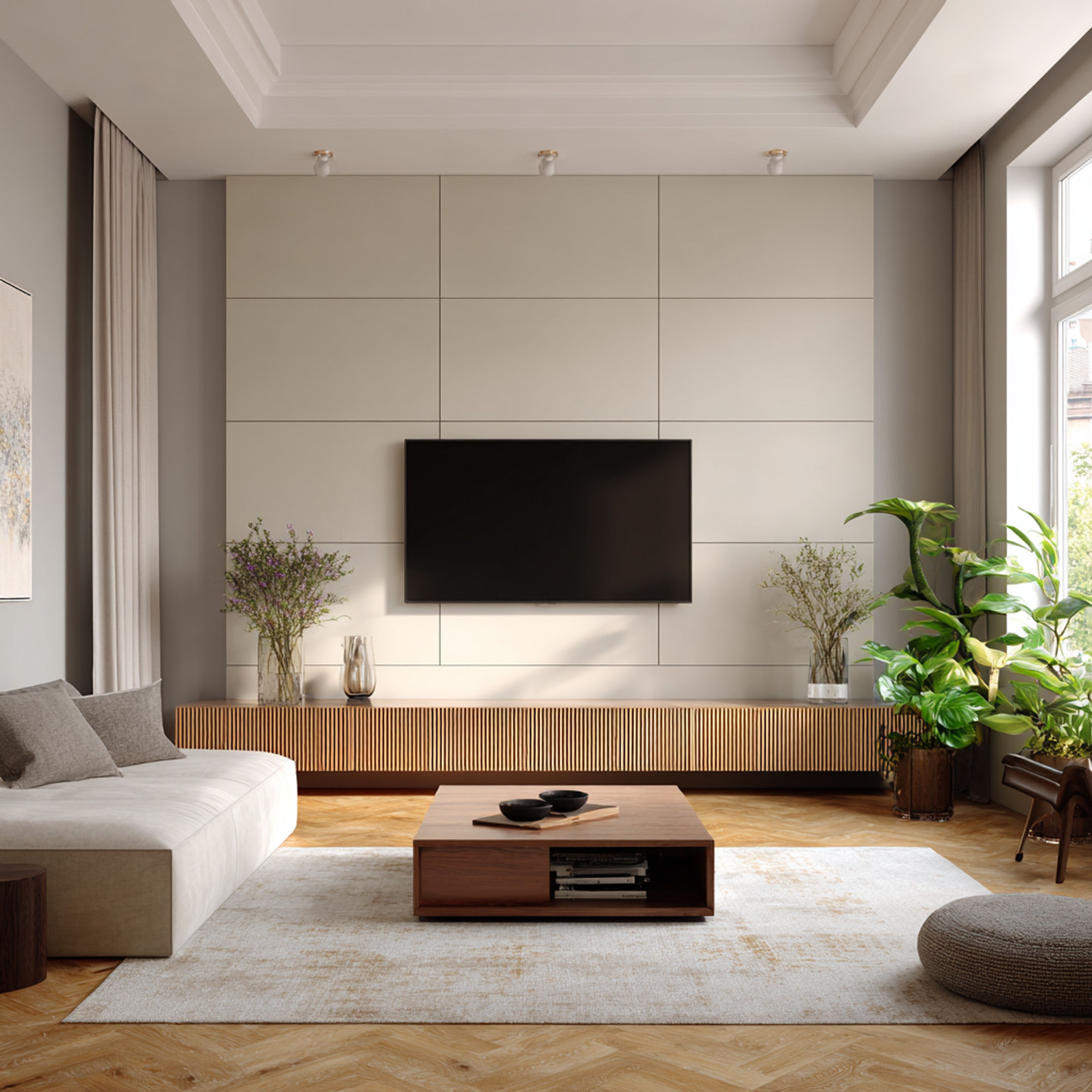 Wood Contemporary TV Unit Design with Louvered Panels and Hidden Storage