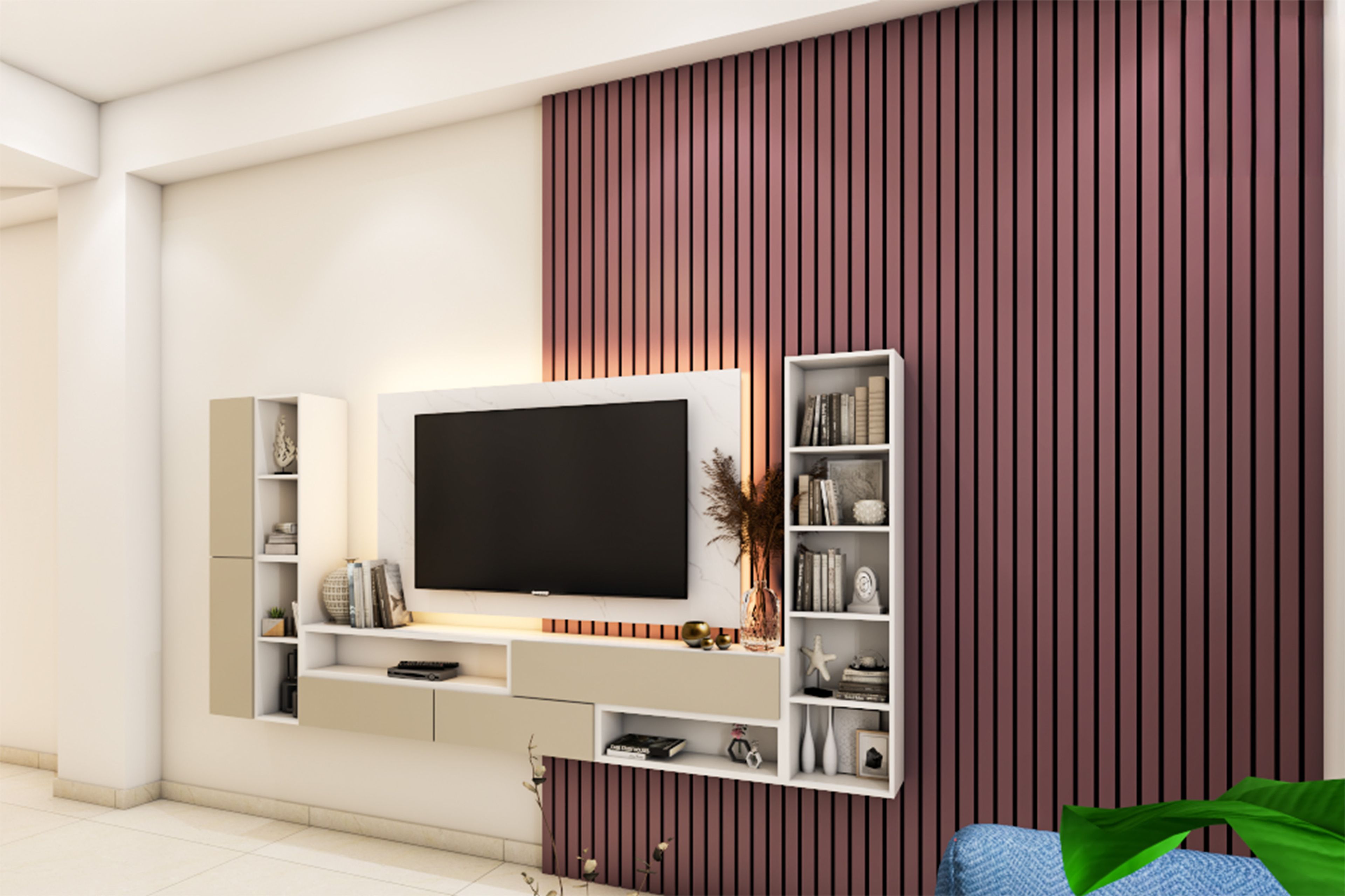 Beige and White Contemporary TV Unit Design with Vertical Panel Backdrop