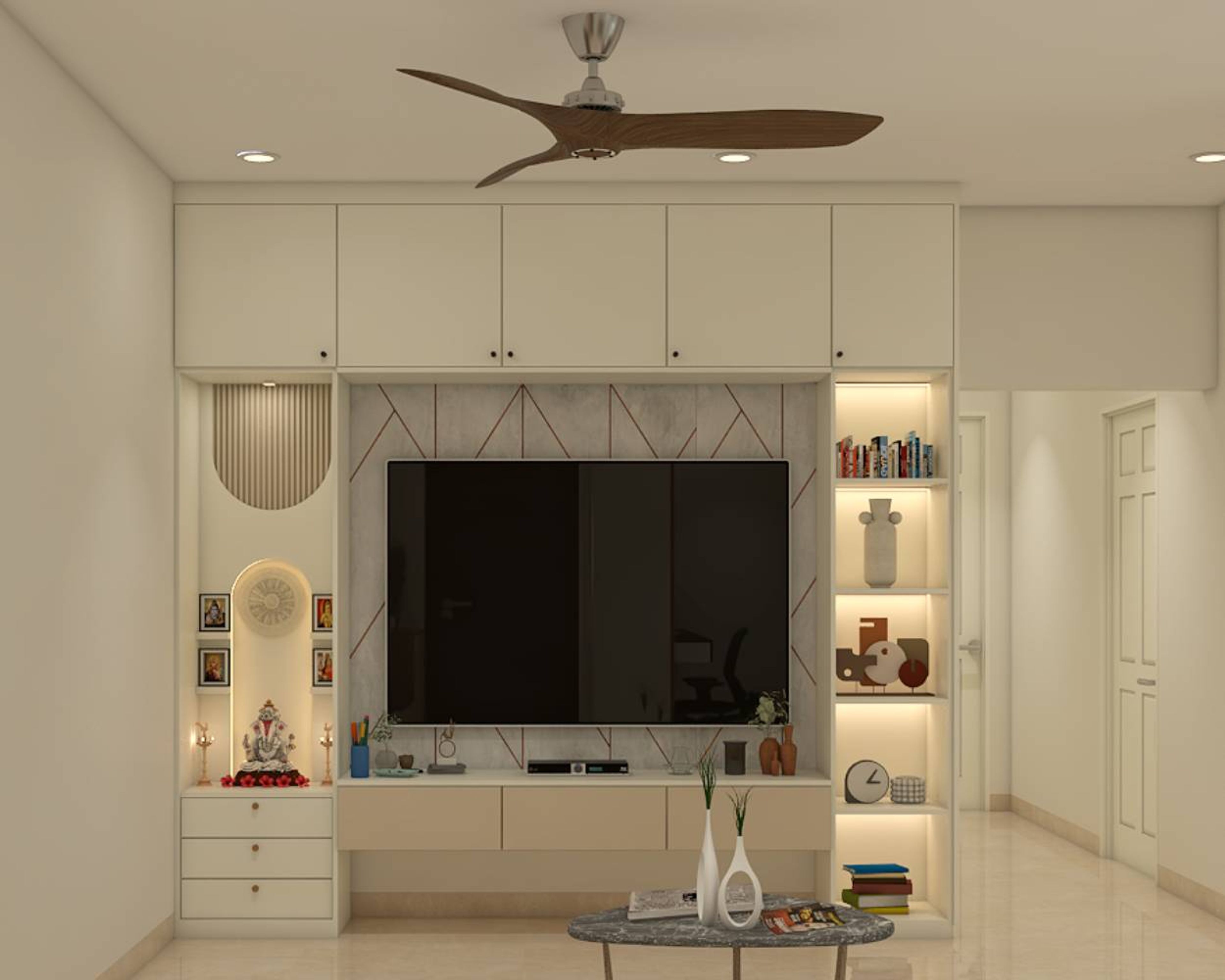 White and Beige Contemporary TV Unit Design with Tall Storage and Loft Cabinets