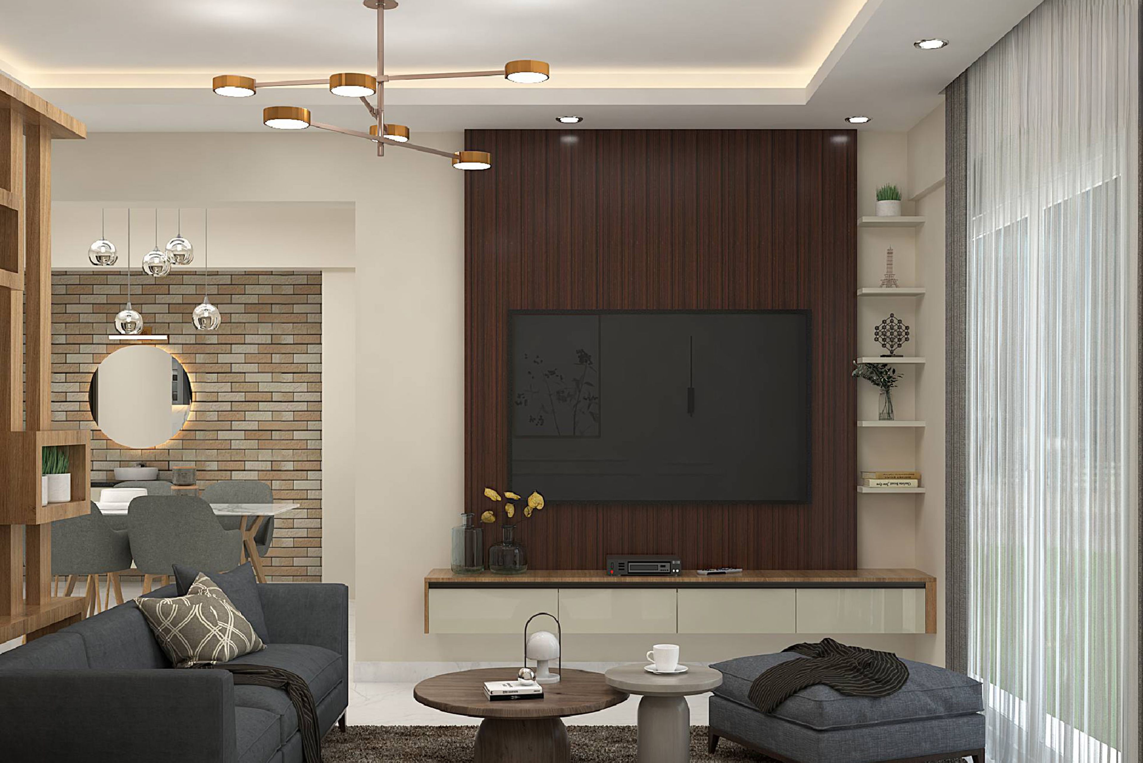 Beige, Walnut and Bronze Modern TV Unit Design with Floating Drawer