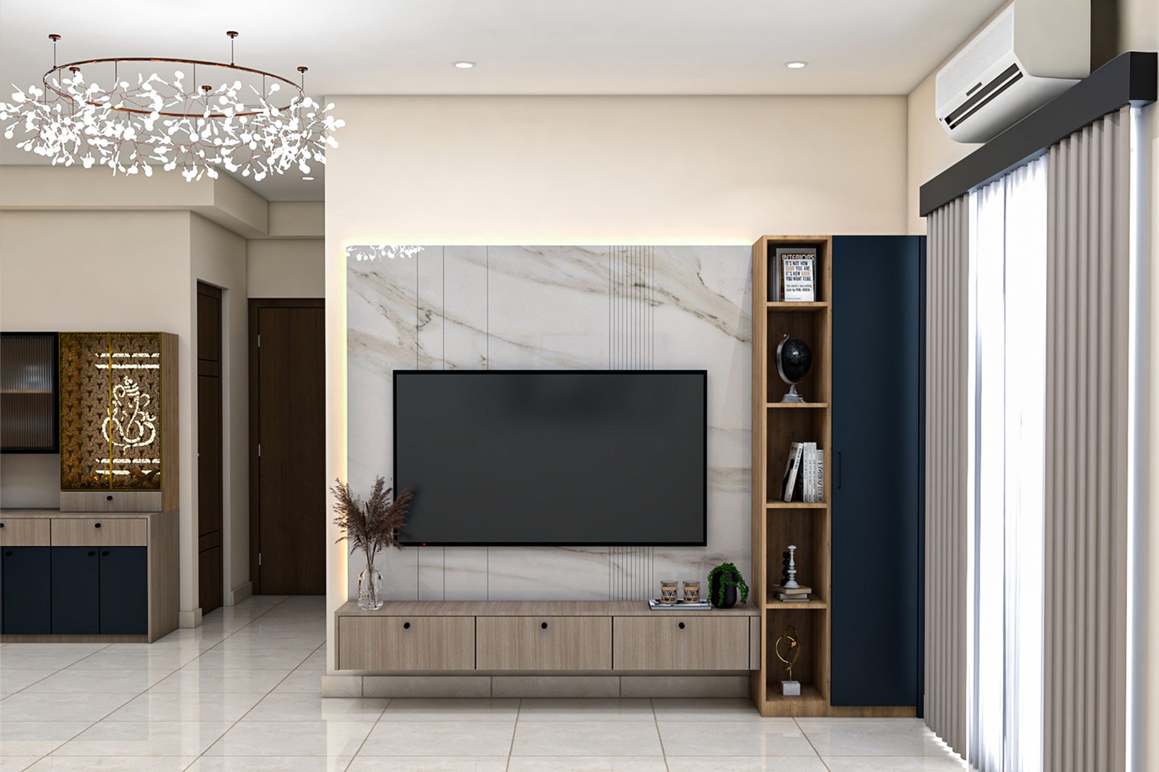 Contemporary TV Unit Design with Marble and Wood Contrast and Matte Finish