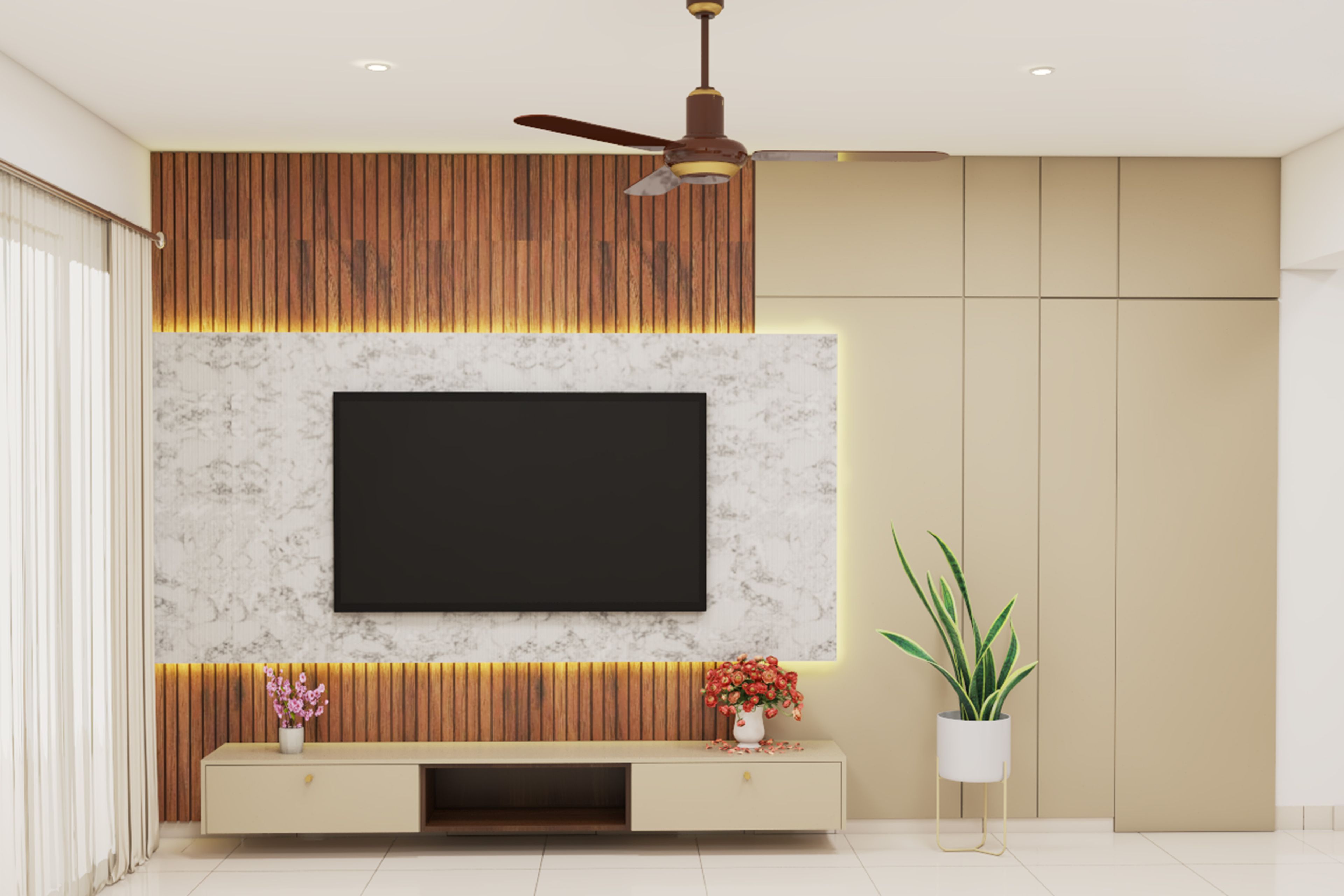 Modern Beige and Walnut Bronze TV Unit Design with PU High Gloss Finish