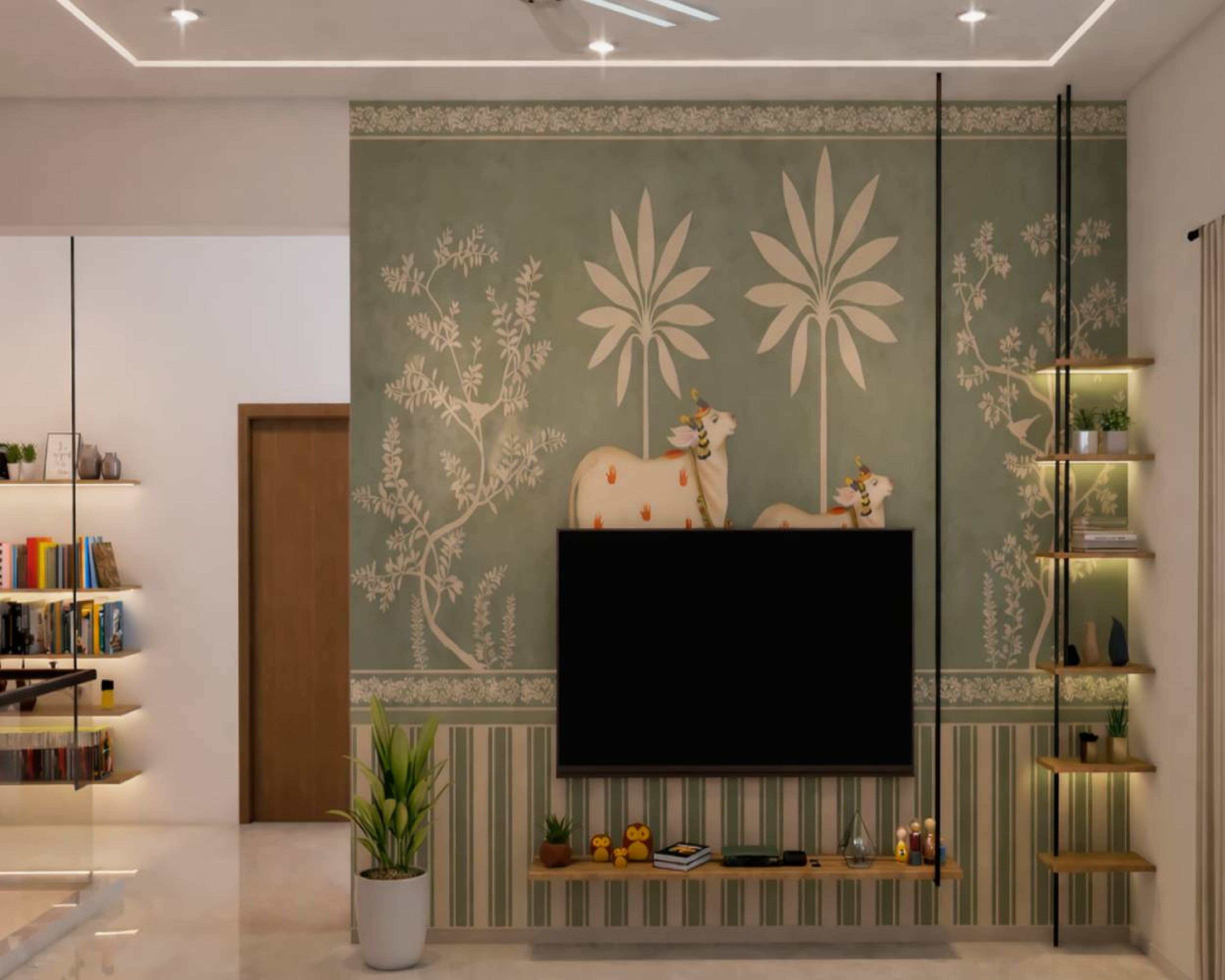 Contemporary TV Unit Design with Floating Walnut Console and Shelves