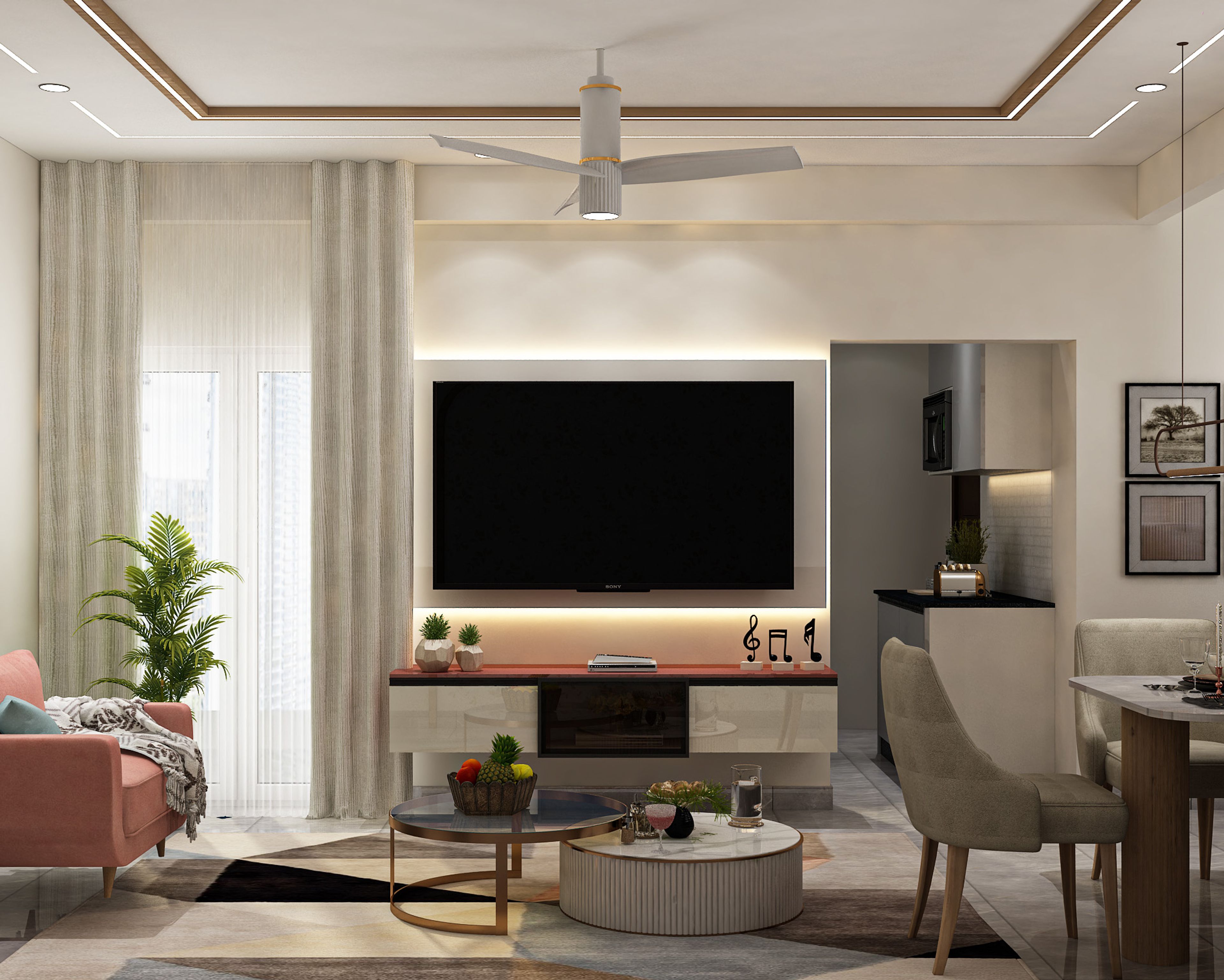 Contemporary TV Unit Design with Ivory and Walnut Finish and Floating Drawer